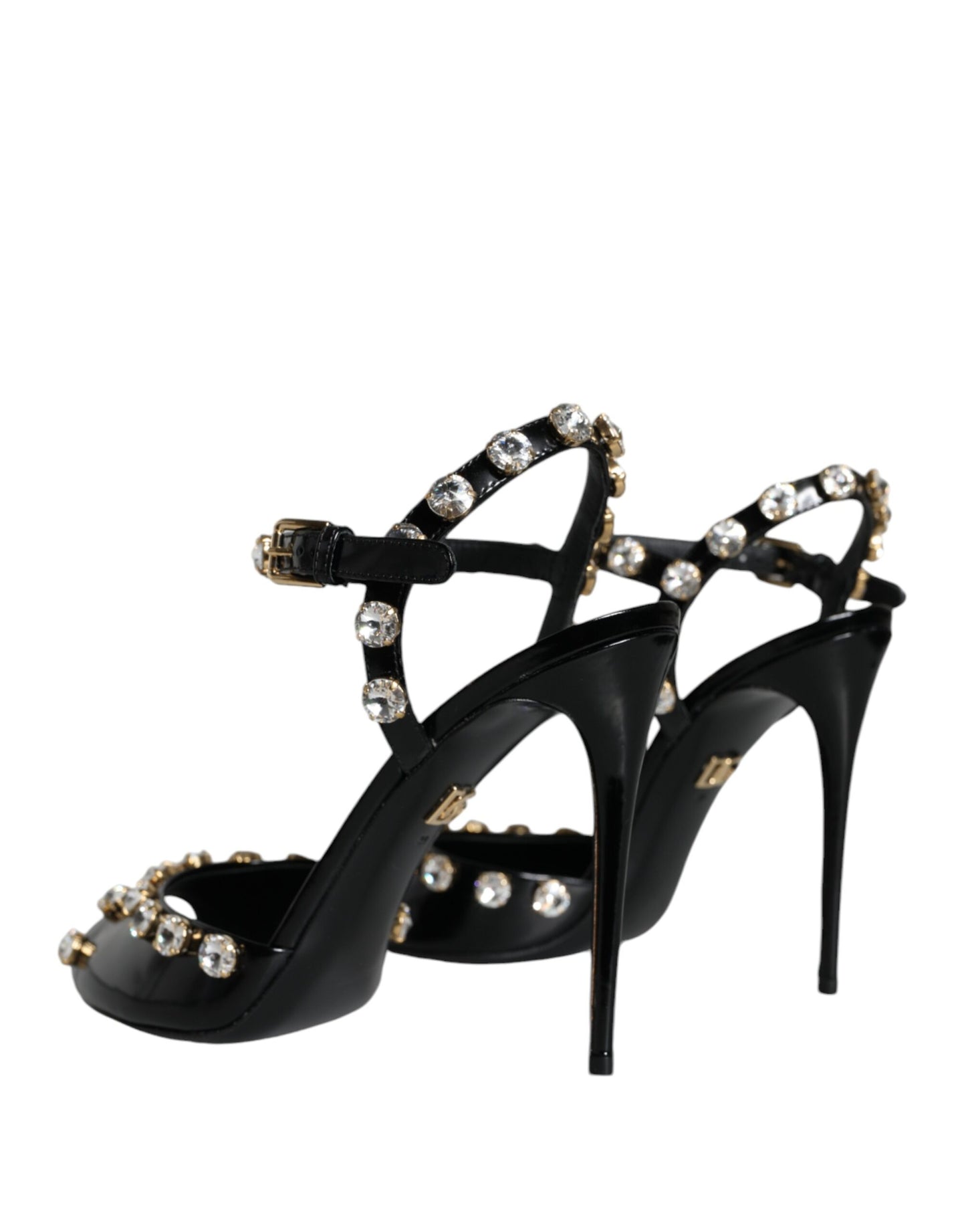 Dolce & Gabbana Black Leather Crystal Ankle Strap Sandals Shoes Curated Luxury Accessories by Orvyn