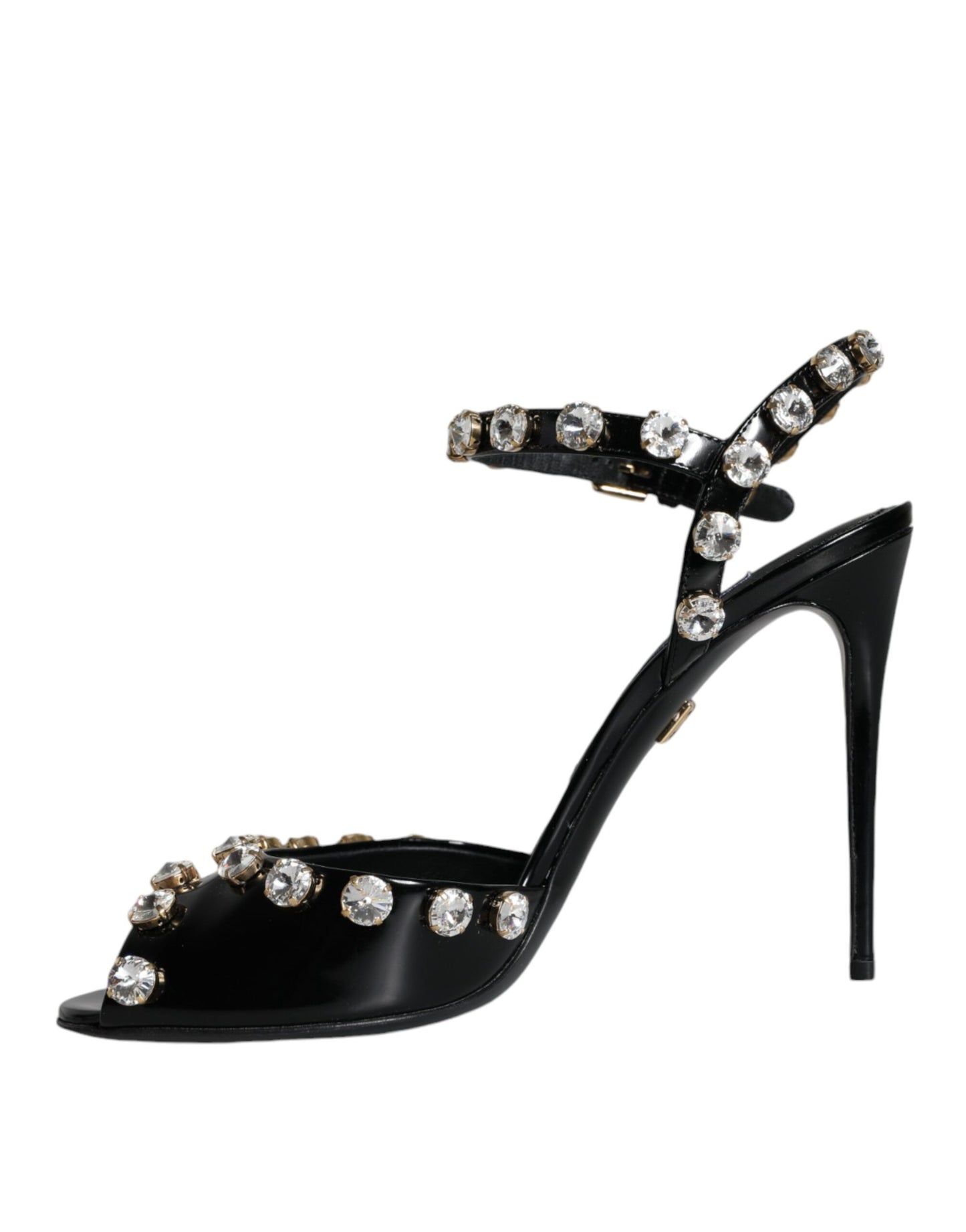 Dolce & Gabbana Black Leather Crystal Ankle Strap Sandals Shoes Curated Luxury Accessories by Orvyn