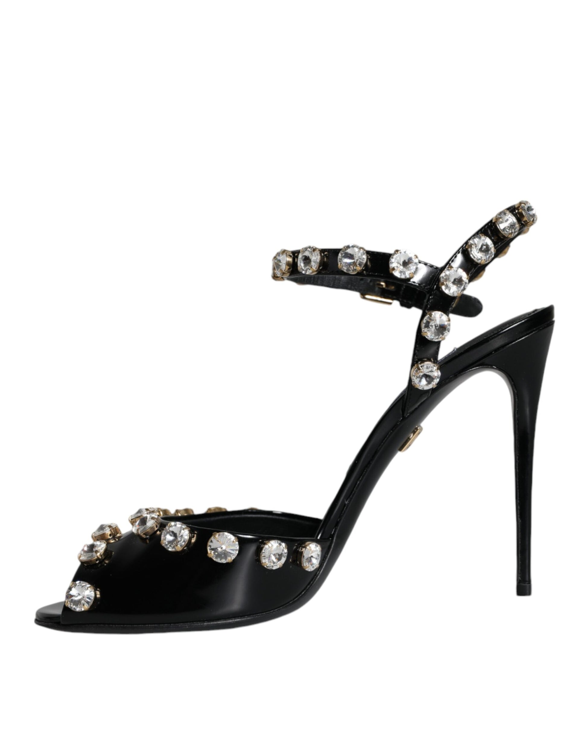 Dolce & Gabbana Black Leather Crystal Ankle Strap Sandals Shoes Curated Luxury Accessories by Orvyn
