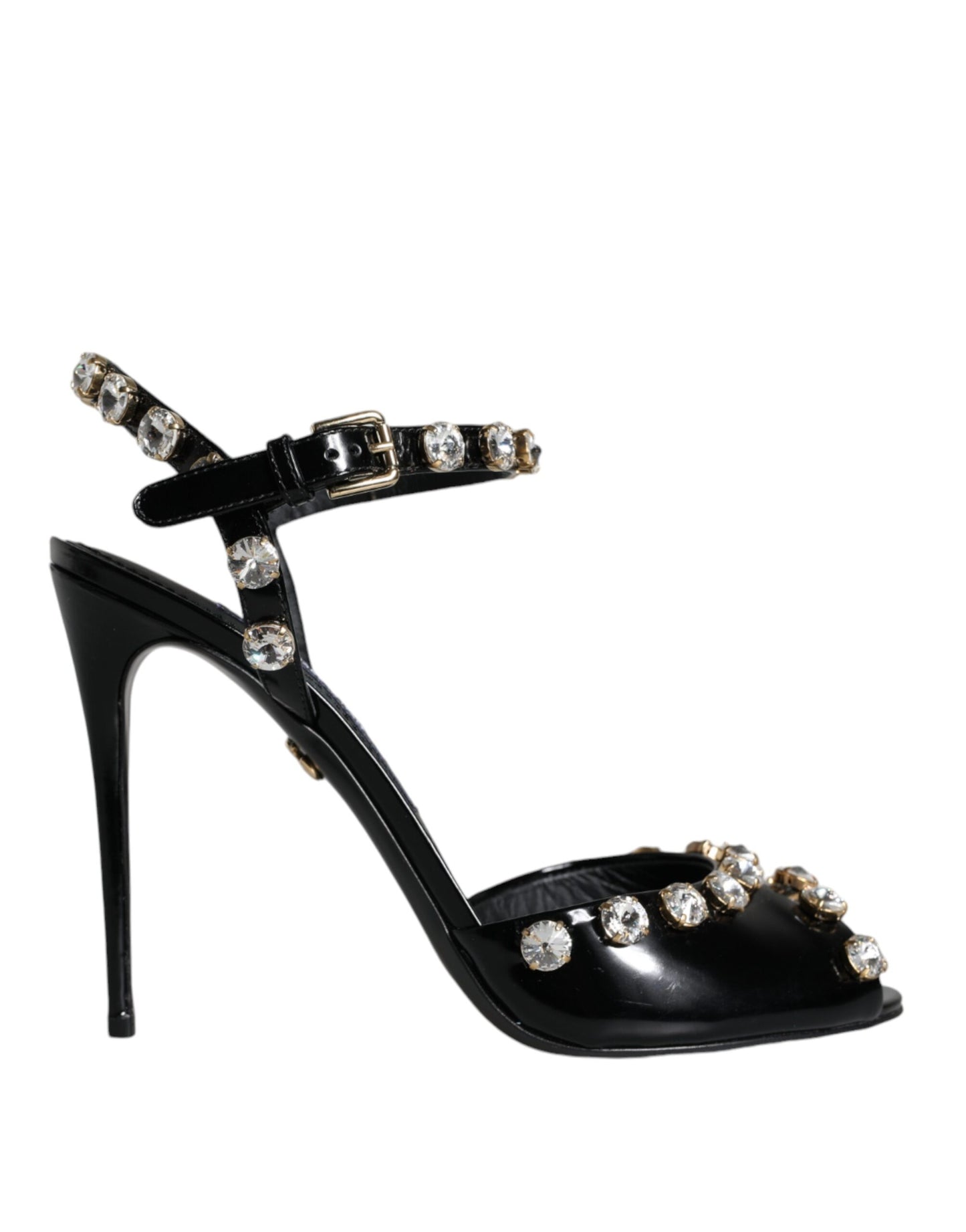 Dolce & Gabbana Black Leather Crystal Ankle Strap Sandals Shoes Curated Luxury Accessories by Orvyn