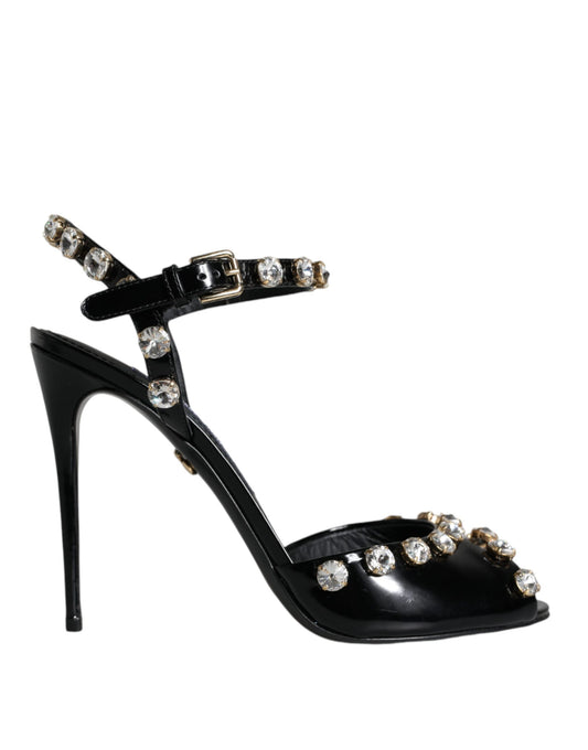 Dolce & Gabbana Black Leather Crystal Ankle Strap Sandals Shoes Curated Luxury Accessories by Orvyn