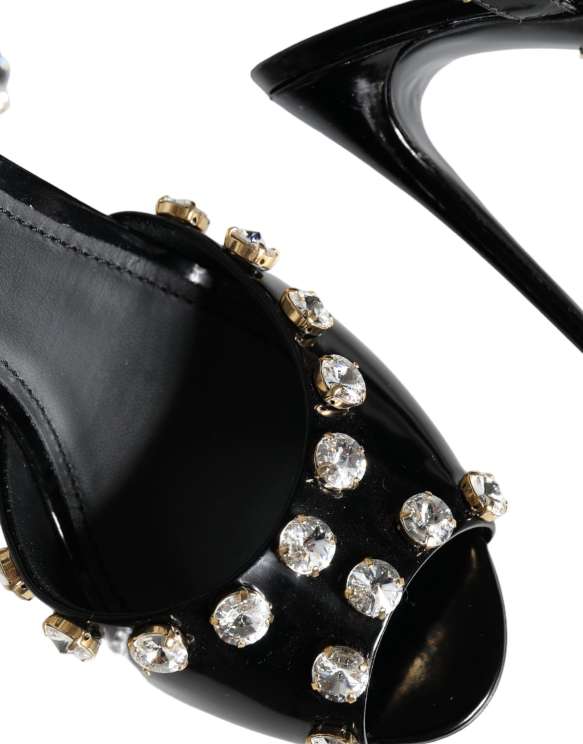 Dolce & Gabbana Black Leather Crystal Ankle Strap Sandals Shoes Curated Luxury Accessories by Orvyn