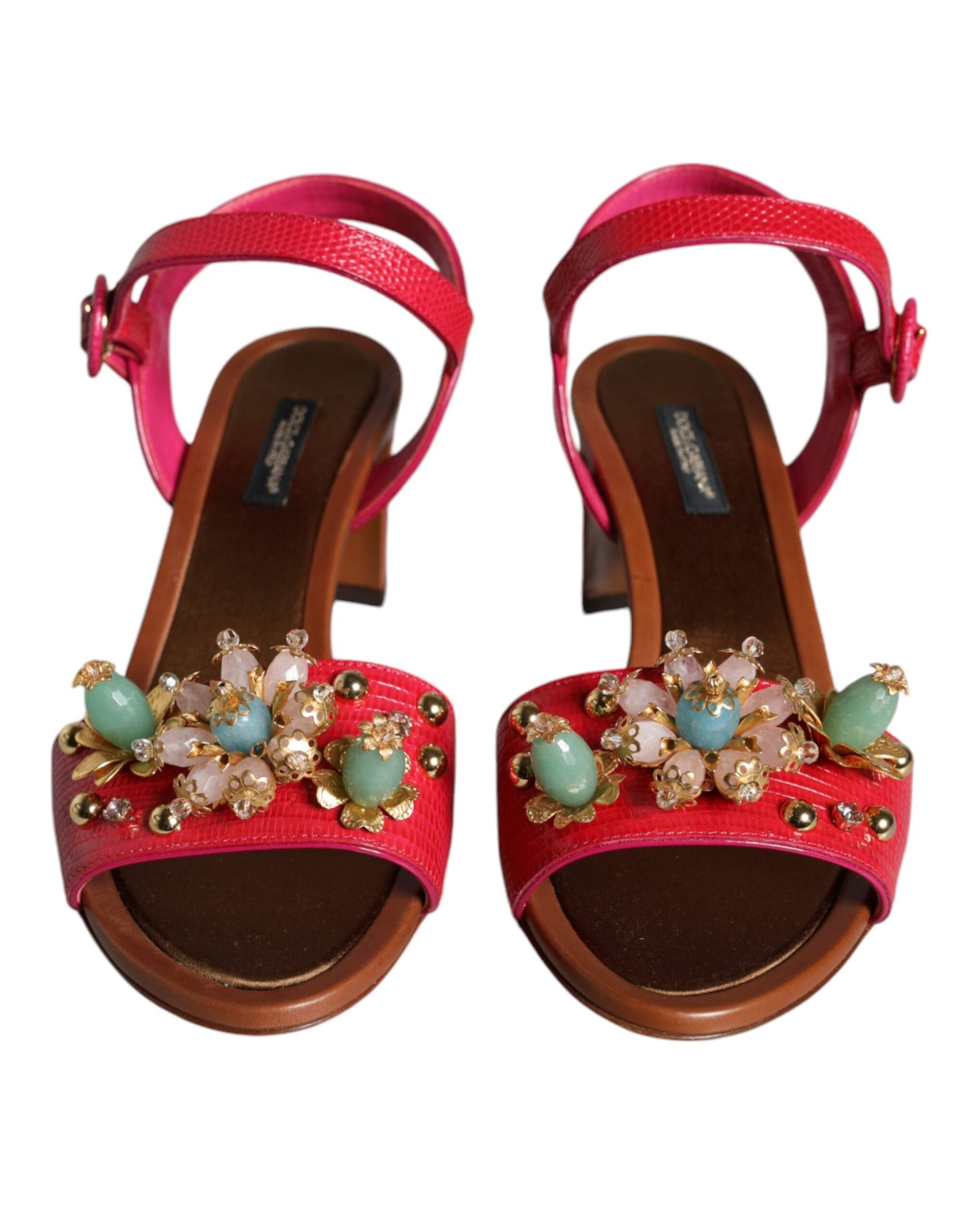 Dolce & Gabbana Fuchsia Leather Embellished Keira Sandals Shoes Curated Luxury Accessories by Orvyn