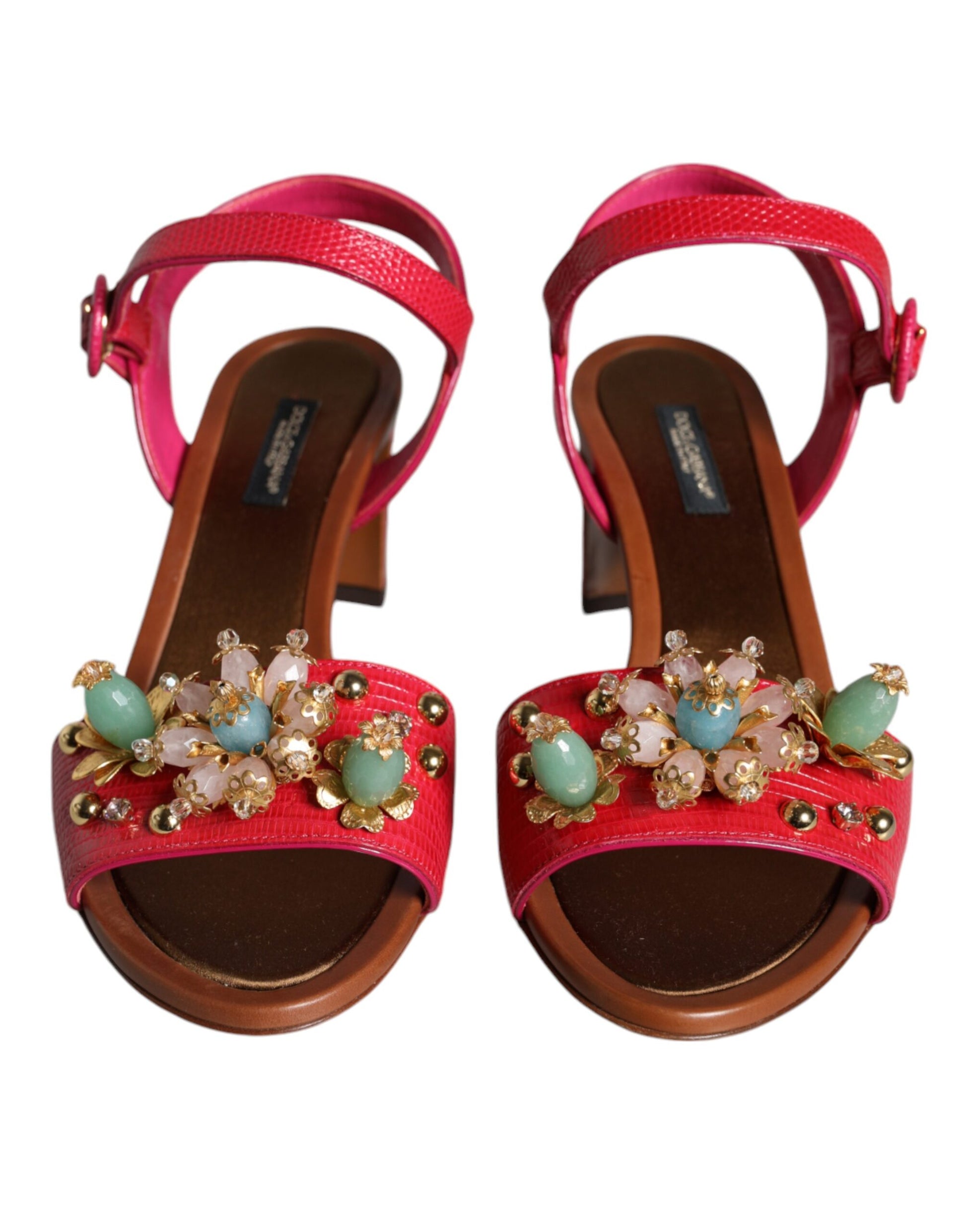 Dolce & Gabbana Fuchsia Leather Embellished Keira Sandals Shoes Curated Luxury Accessories by Orvyn