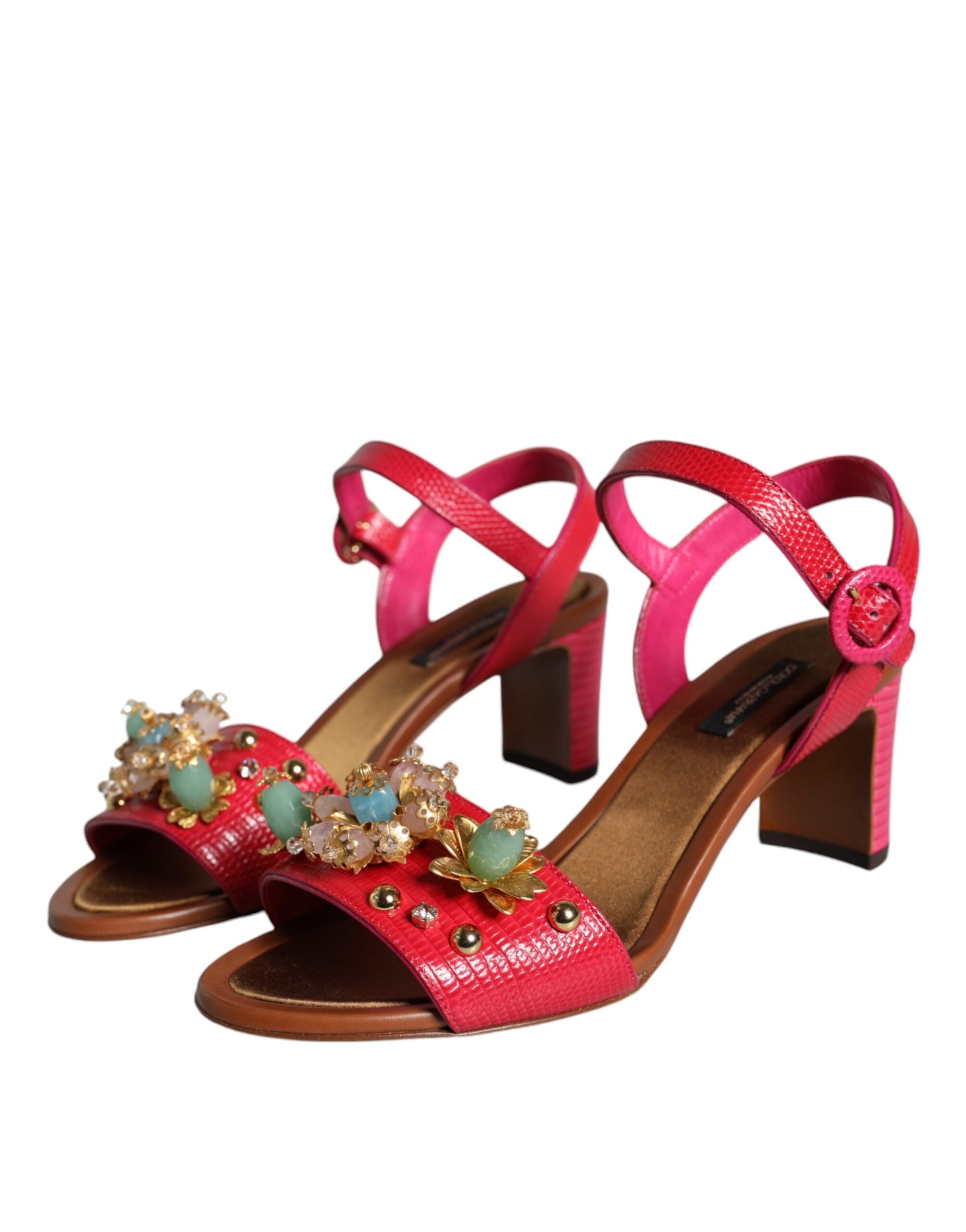 Dolce & Gabbana Fuchsia Leather Embellished Keira Sandals Shoes Curated Luxury Accessories by Orvyn