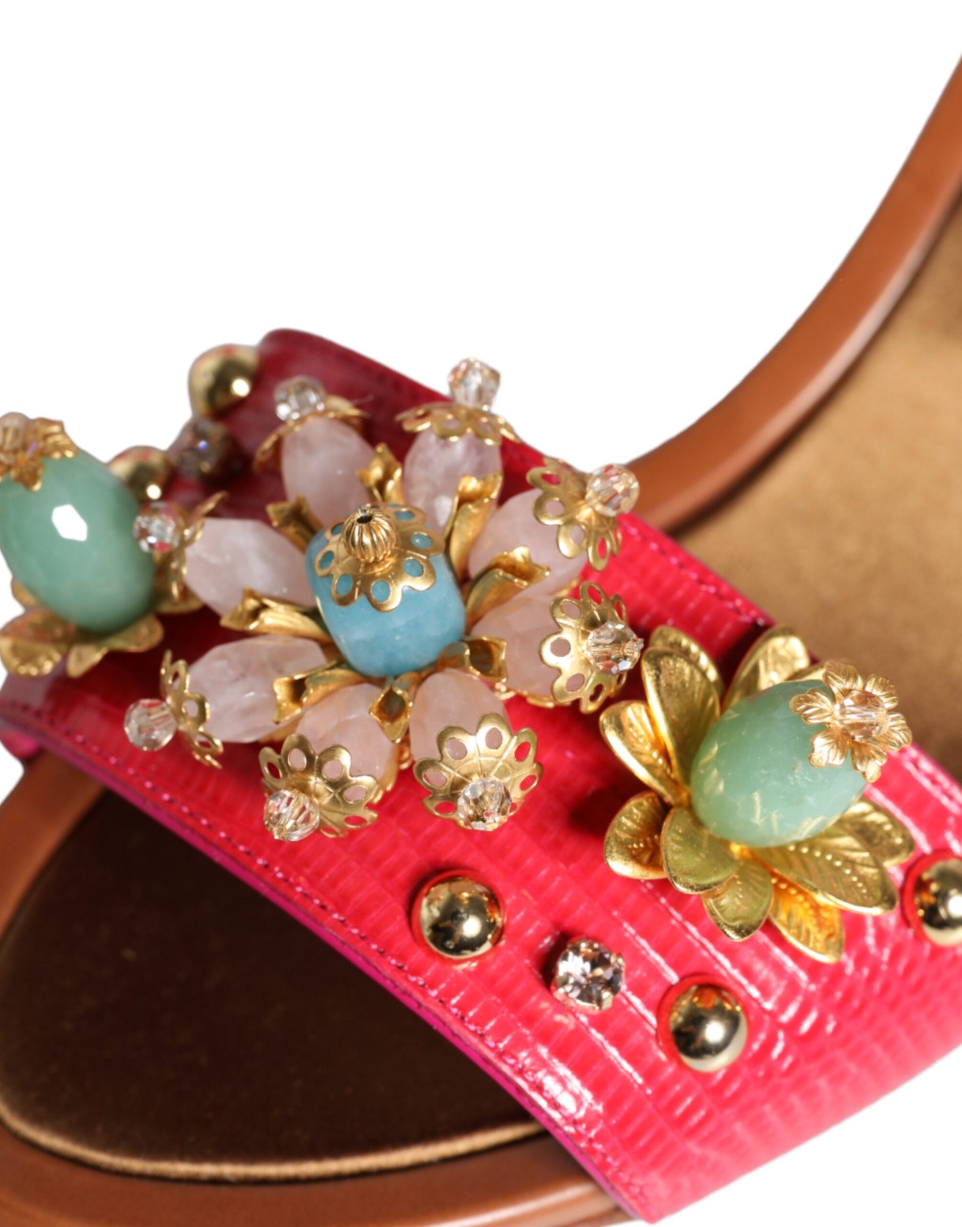 Dolce & Gabbana Fuchsia Leather Embellished Keira Sandals Shoes Curated Luxury Accessories by Orvyn