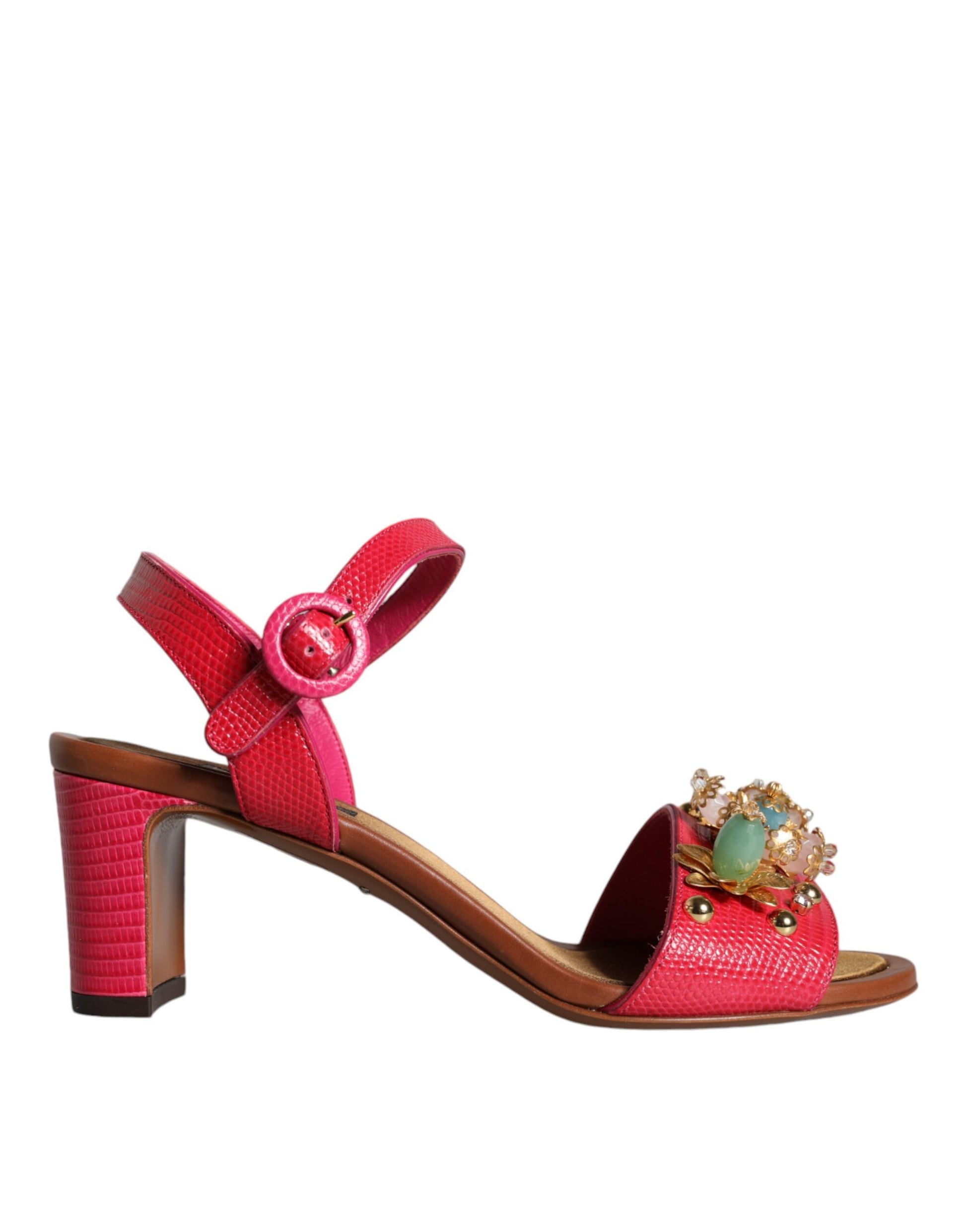 Dolce & Gabbana Fuchsia Leather Embellished Keira Sandals Shoes Curated Luxury Accessories by Orvyn