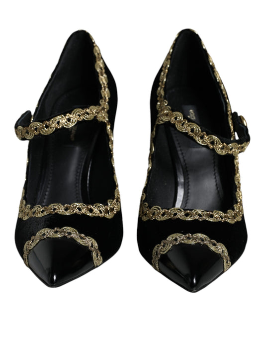 Dolce & Gabbana Black Mary Janes Velvet Gold Pumps Shoes Curated Luxury Accessories by Orvyn