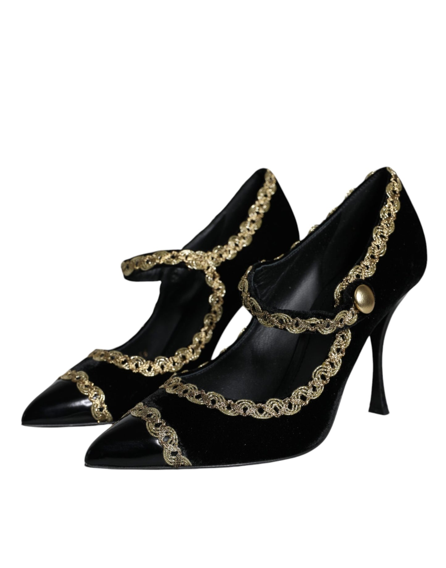 Dolce & Gabbana Black Mary Janes Velvet Gold Pumps Shoes Curated Luxury Accessories by Orvyn