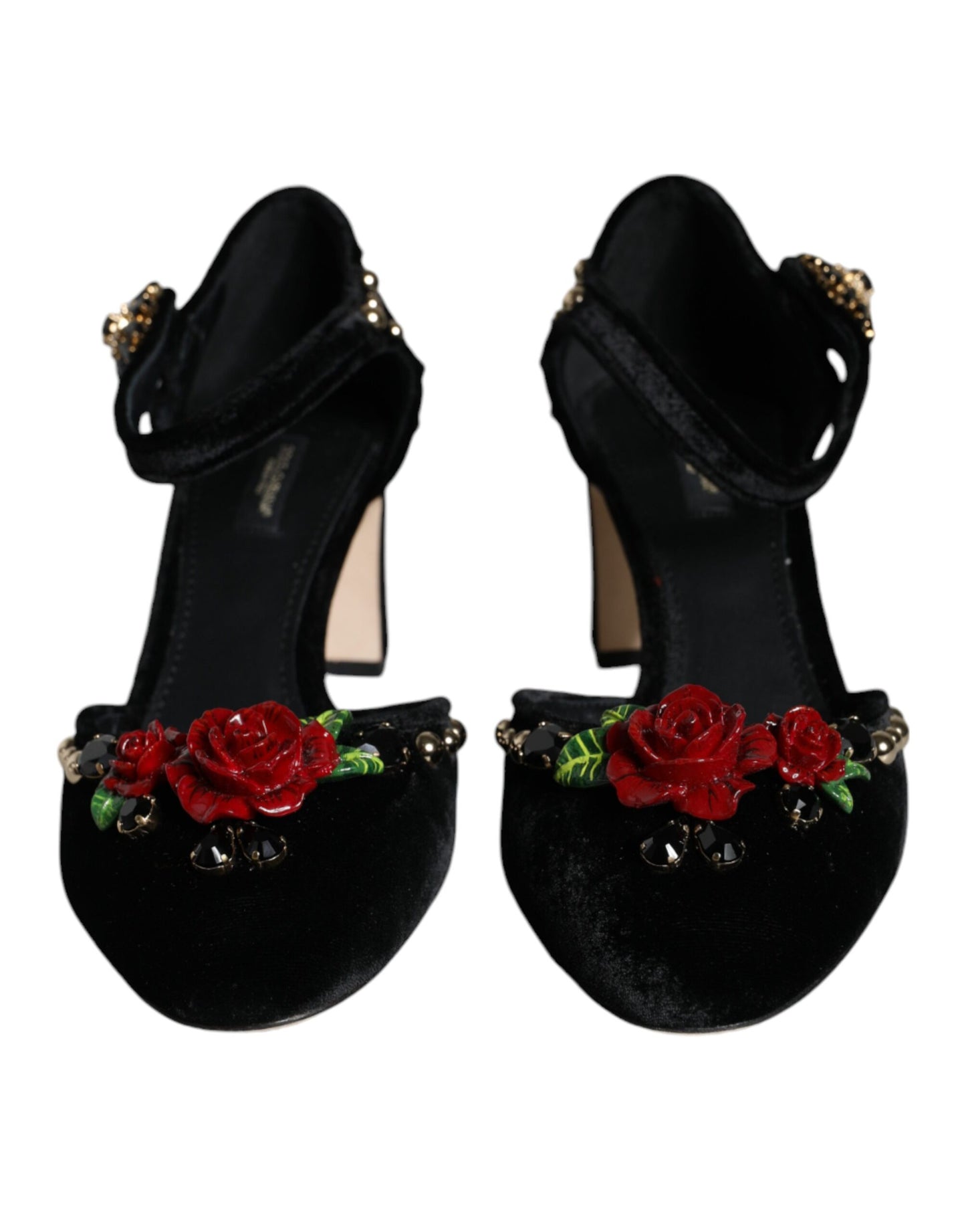 Dolce & Gabbana Black Velvet Roses Ankle Strap Pumps Shoes Curated Luxury Accessories by Orvyn