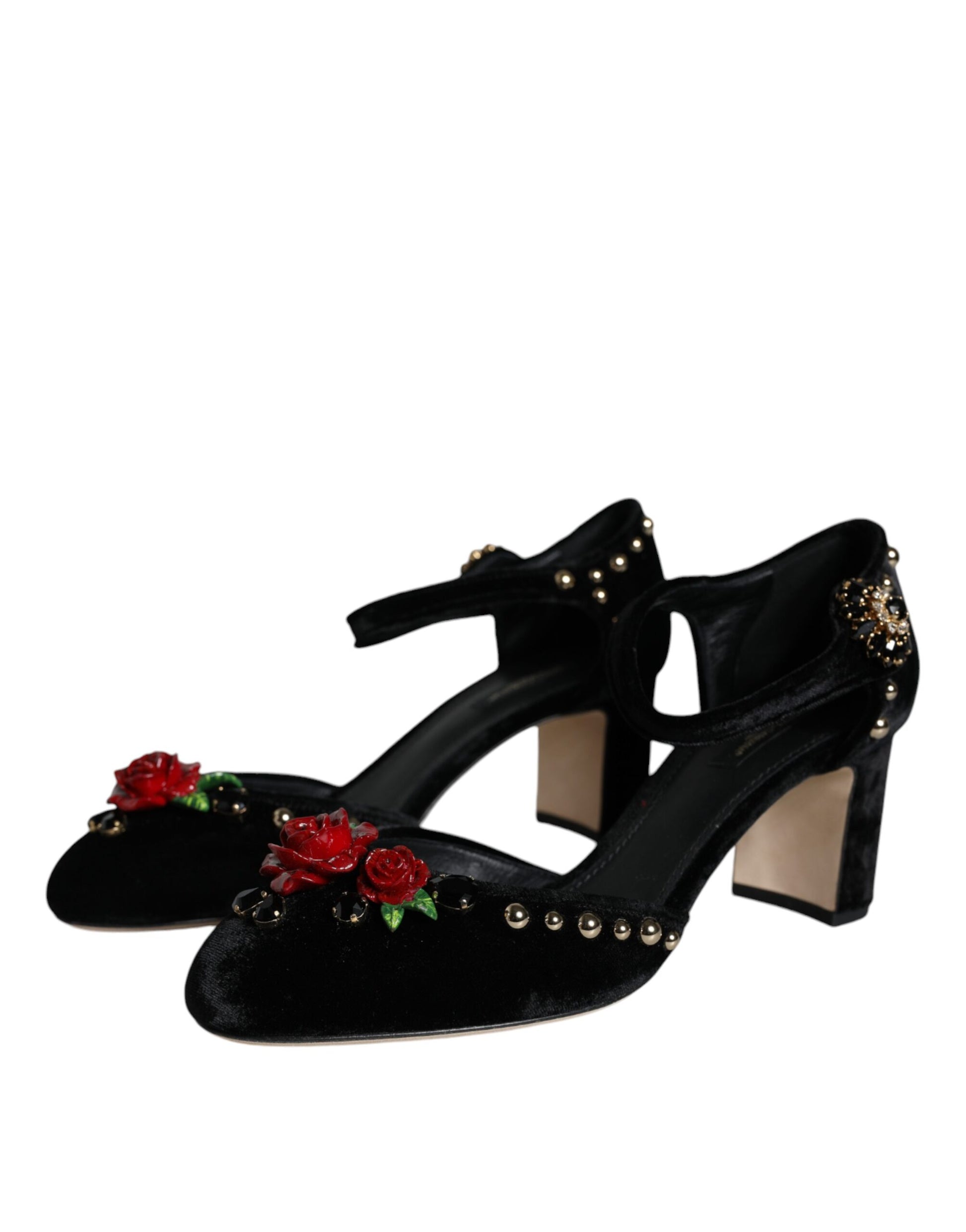 Dolce & Gabbana Black Velvet Roses Ankle Strap Pumps Shoes Curated Luxury Accessories by Orvyn