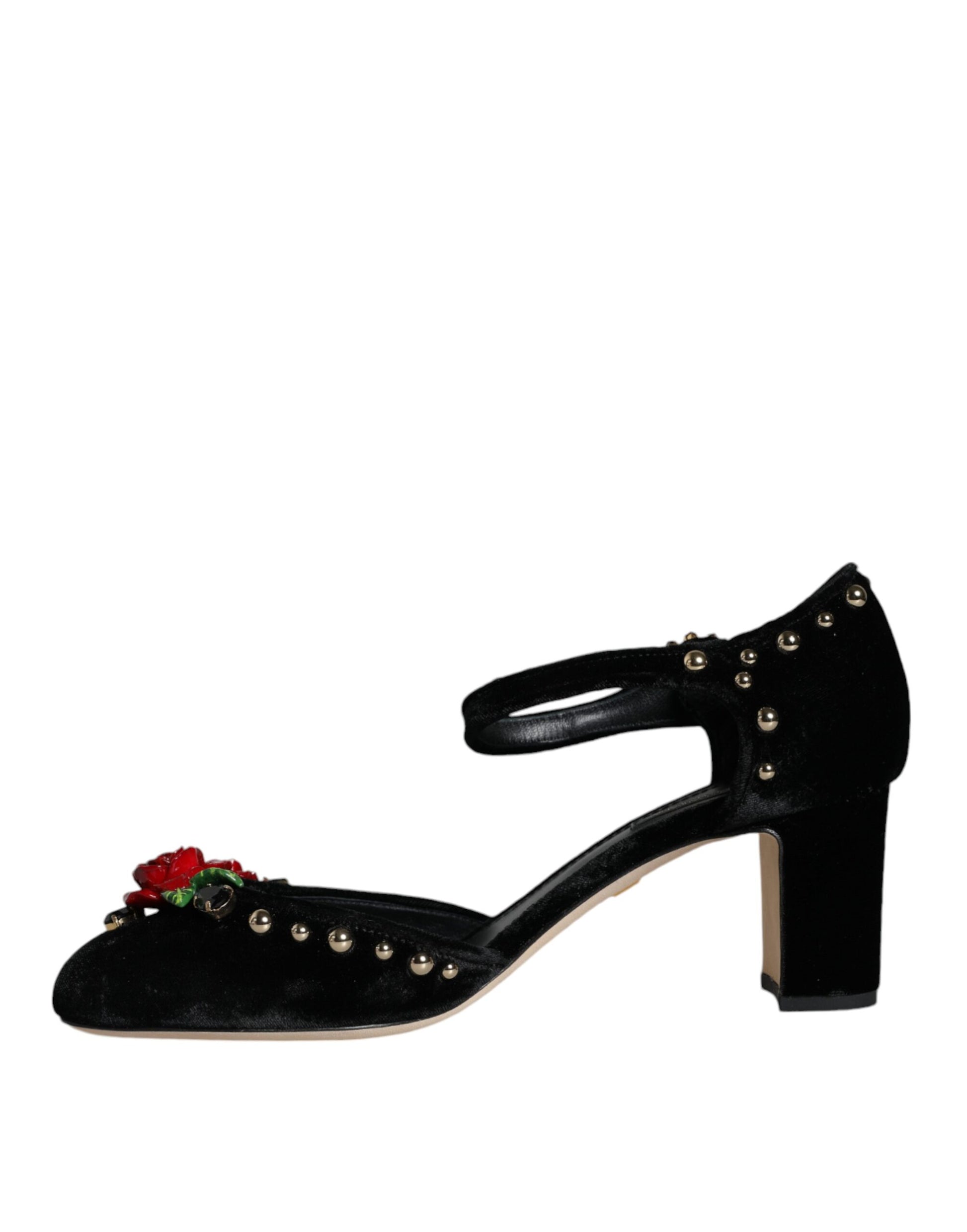 Dolce & Gabbana Black Velvet Roses Ankle Strap Pumps Shoes Curated Luxury Accessories by Orvyn