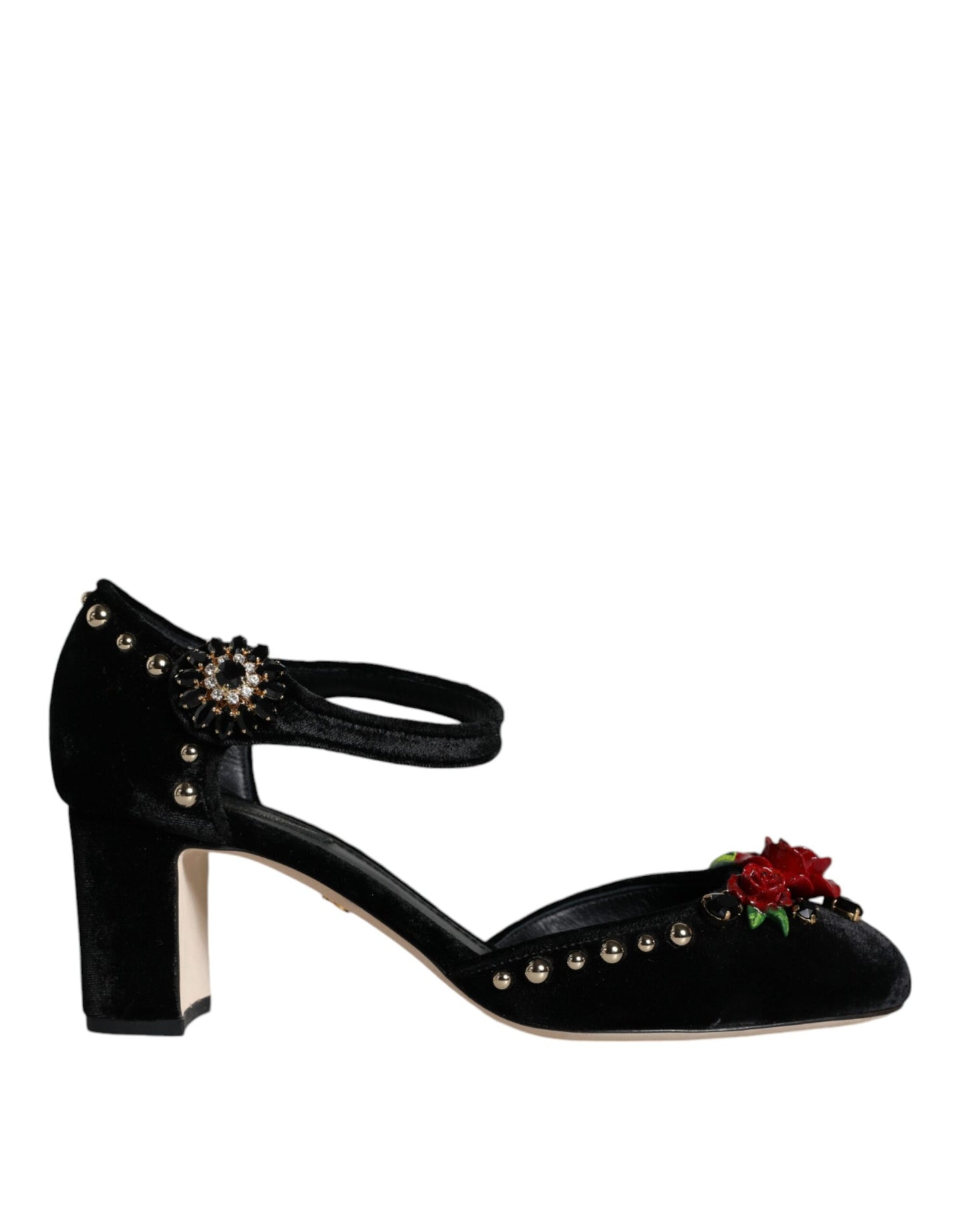 Dolce & Gabbana Black Velvet Roses Ankle Strap Pumps Shoes Curated Luxury Accessories by Orvyn