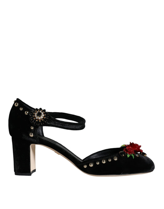 Dolce & Gabbana Black Velvet Roses Ankle Strap Pumps Shoes Curated Luxury Accessories by Orvyn
