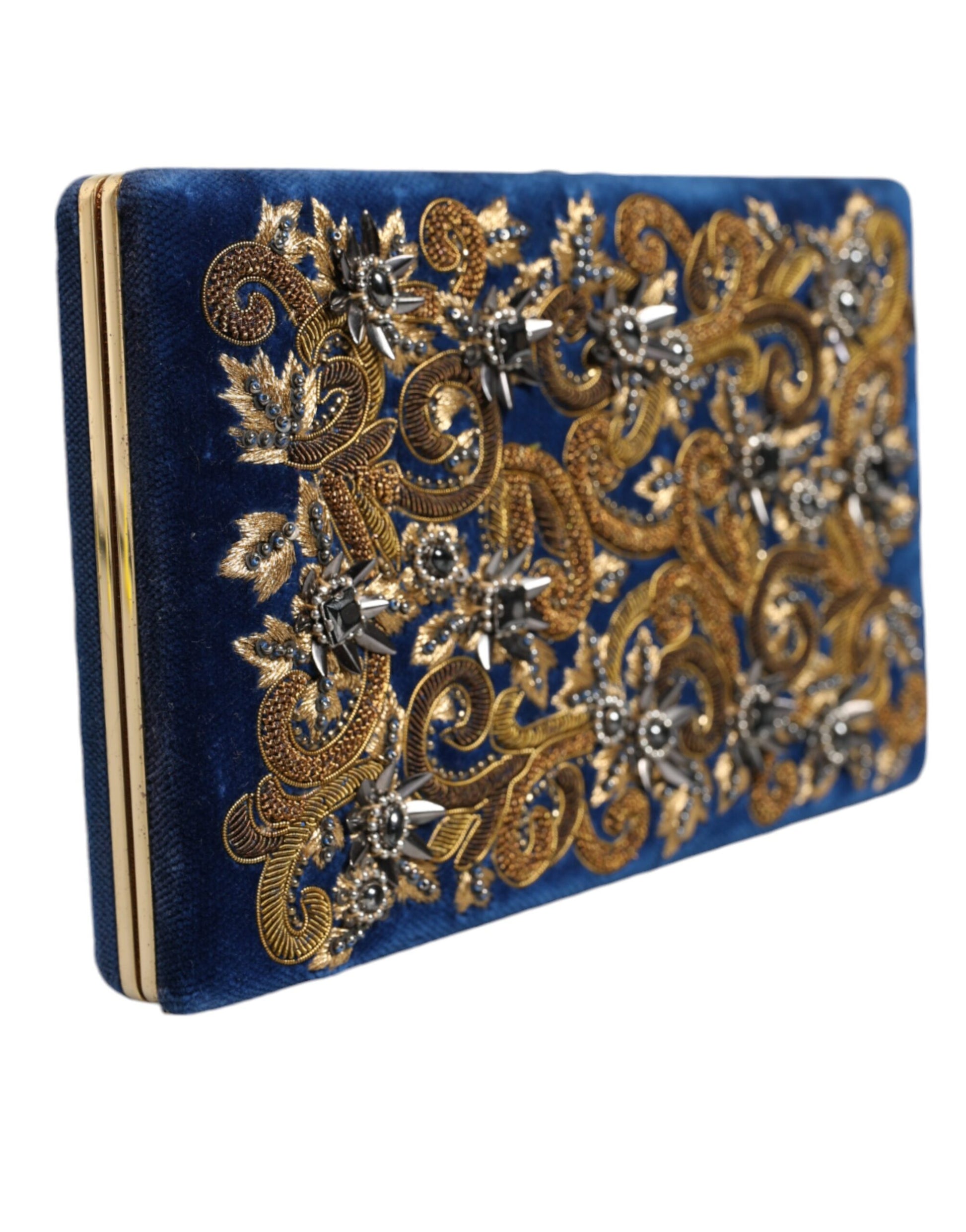 Dolce & Gabbana Blue Velvet Gold Frame Clutch Evening Party Purse Bag Curated Luxury Accessories by Orvyn