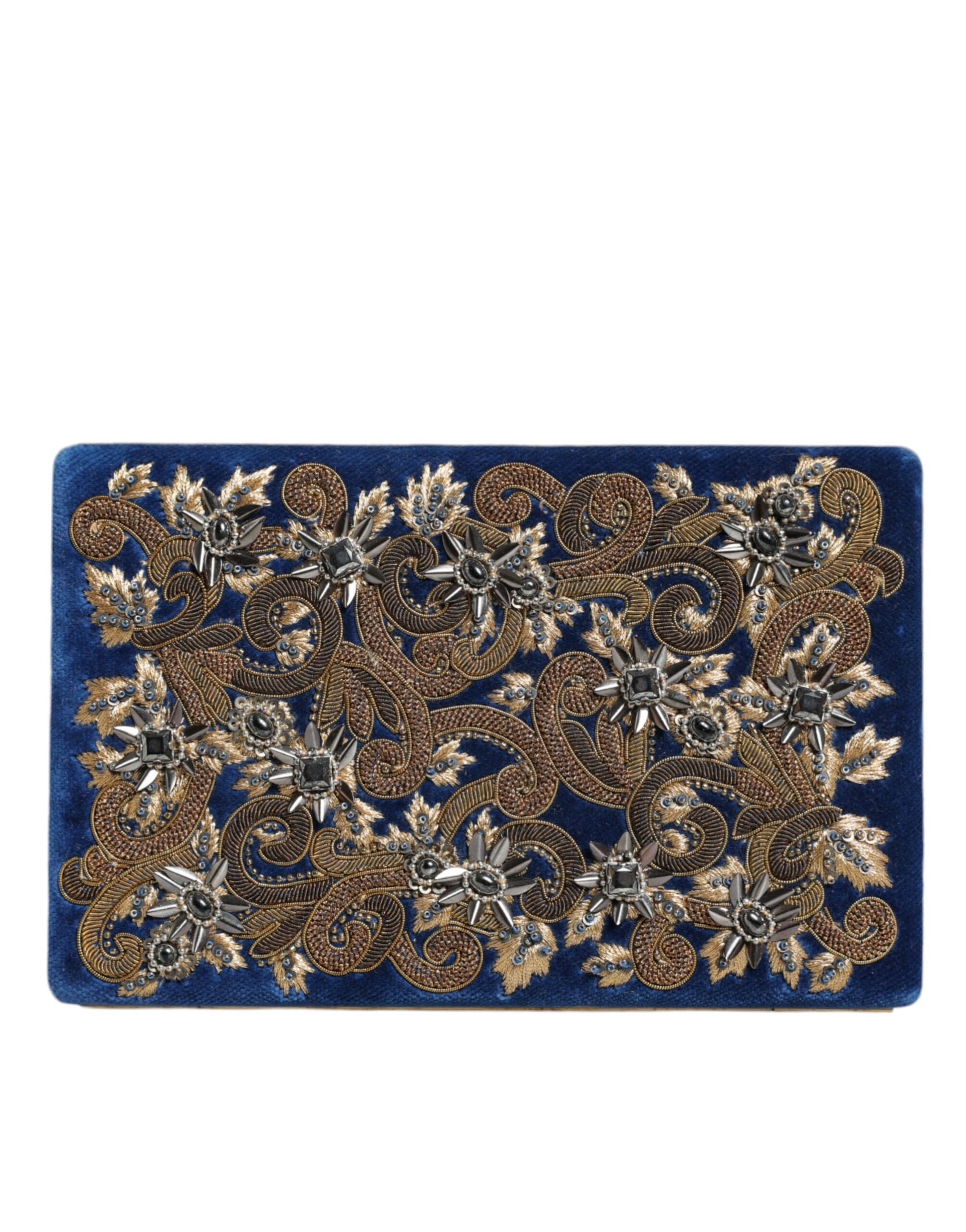 Dolce & Gabbana Blue Velvet Gold Frame Clutch Evening Party Purse Bag Curated Luxury Accessories by Orvyn