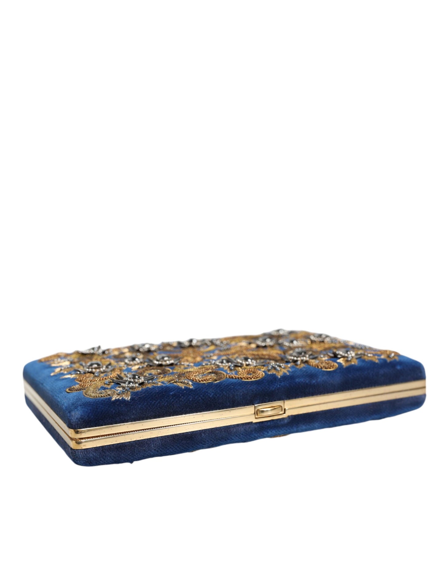 Dolce & Gabbana Blue Velvet Gold Frame Clutch Evening Party Purse Bag Curated Luxury Accessories by Orvyn