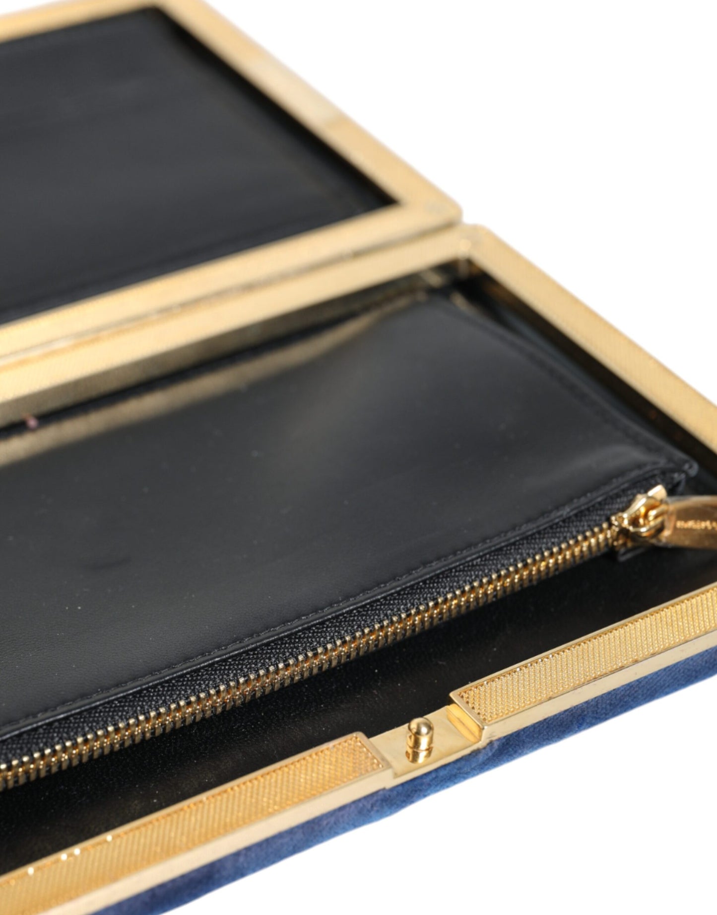 Dolce & Gabbana Blue Velvet Gold Frame Clutch Evening Party Purse Bag Curated Luxury Accessories by Orvyn
