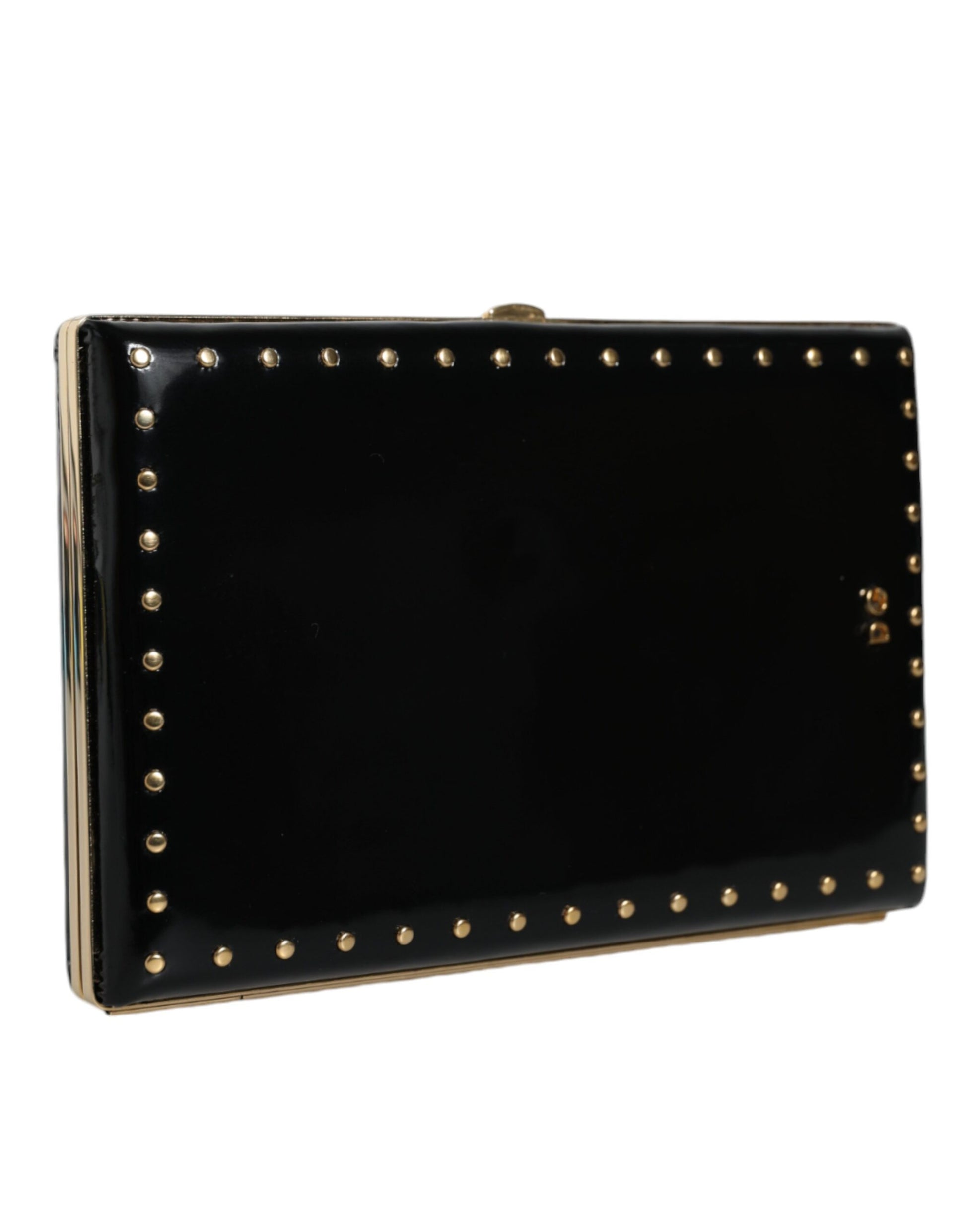 Dolce & Gabbana Black Leather Studs Gold Frame Clutch Evening Purse Bag Curated Luxury Accessories by Orvyn
