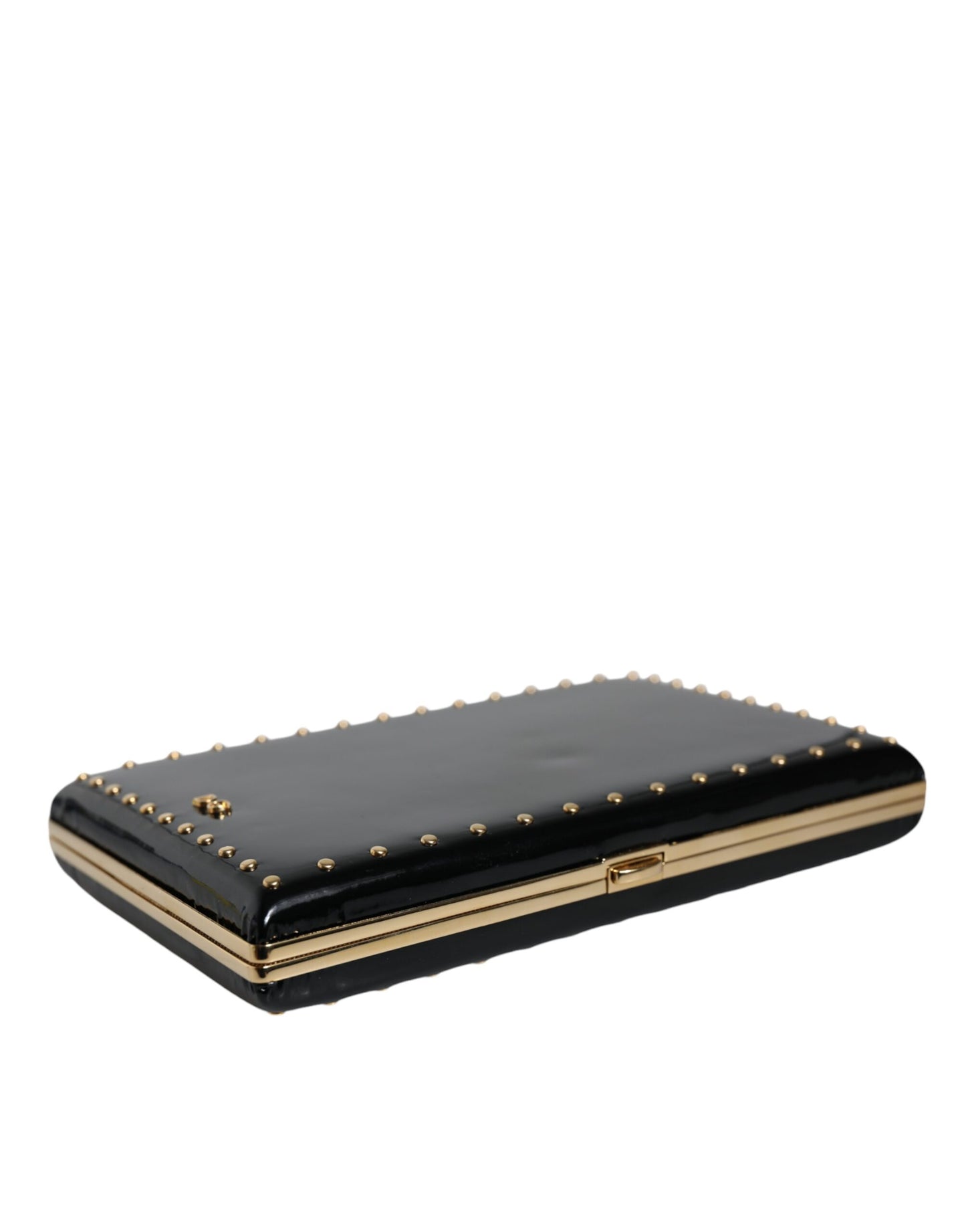 Dolce & Gabbana Black Leather Studs Gold Frame Clutch Evening Purse Bag Curated Luxury Accessories by Orvyn