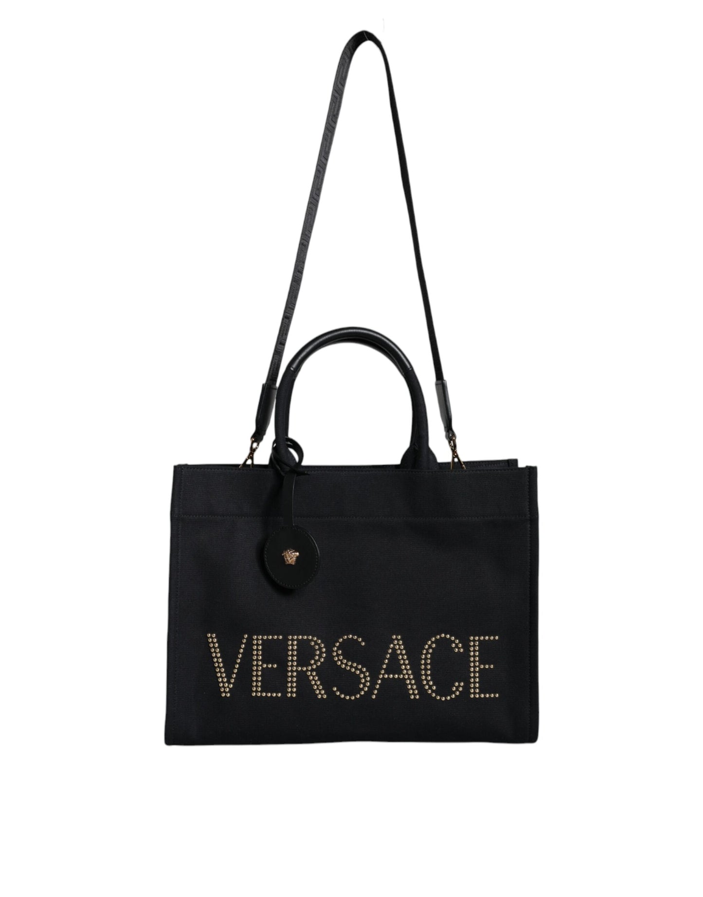 Versace Black Top Handle Canvas Leather Logo Crossbody Tote Bag Curated Luxury Accessories by Orvyn