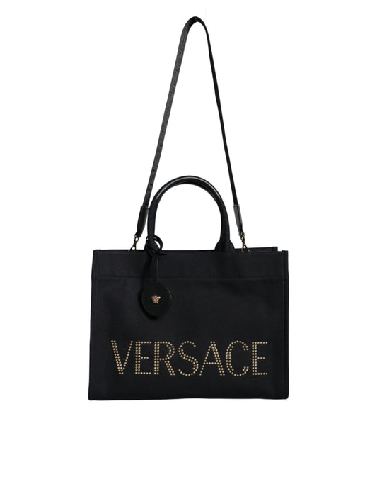 Versace Black Top Handle Canvas Leather Logo Crossbody Tote Bag Curated Luxury Accessories by Orvyn