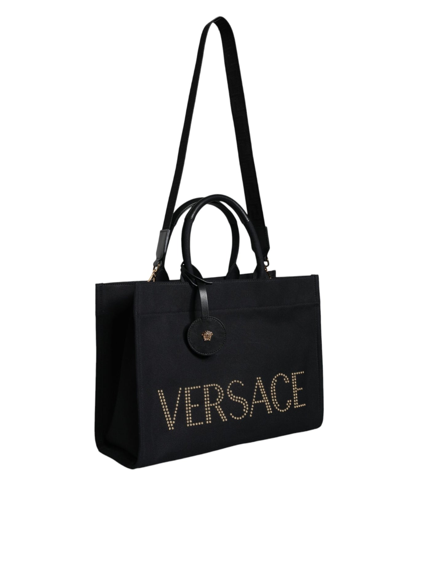 Versace Black Top Handle Canvas Leather Logo Crossbody Tote Bag Curated Luxury Accessories by Orvyn