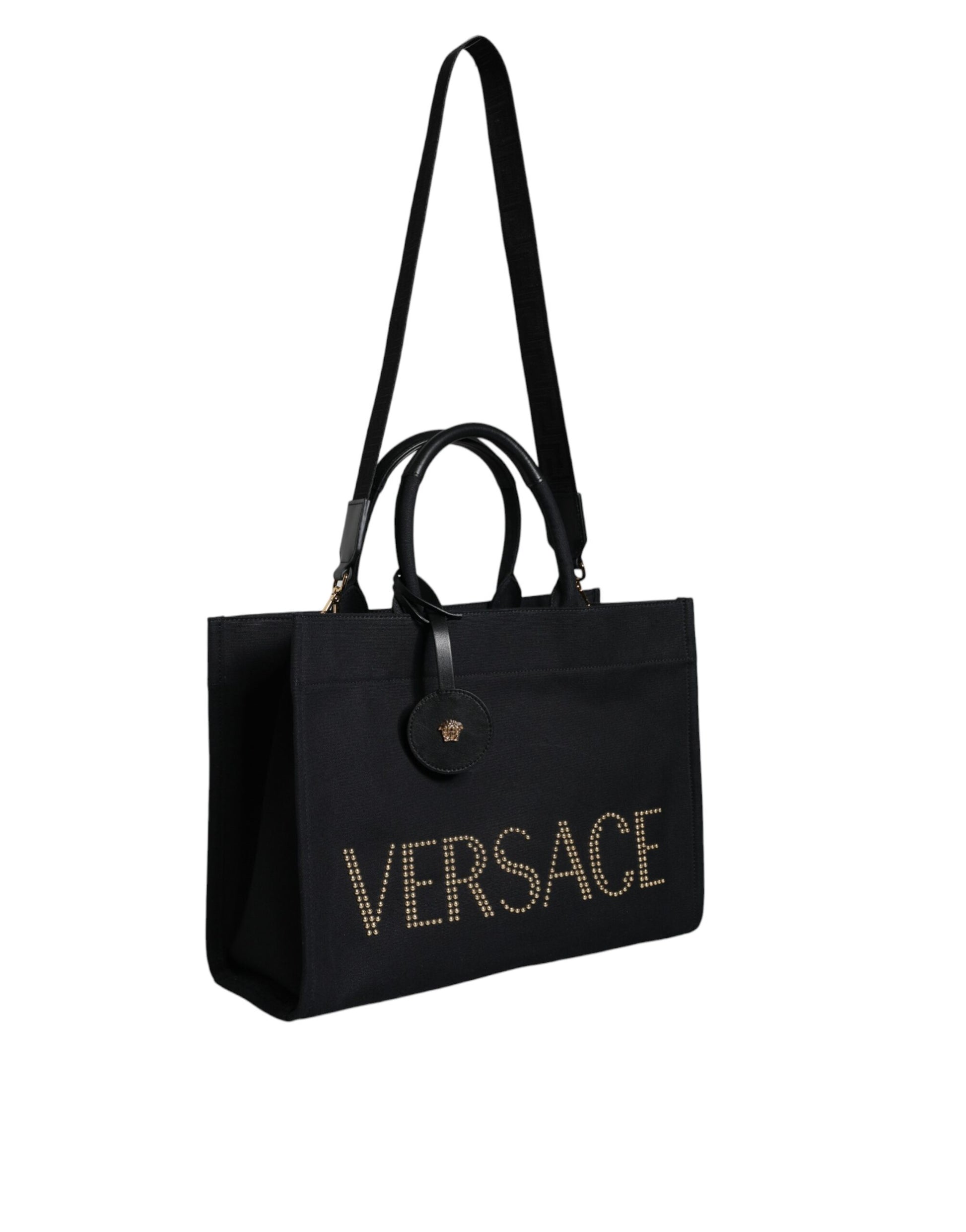 Versace Black Top Handle Canvas Leather Logo Crossbody Tote Bag Curated Luxury Accessories by Orvyn