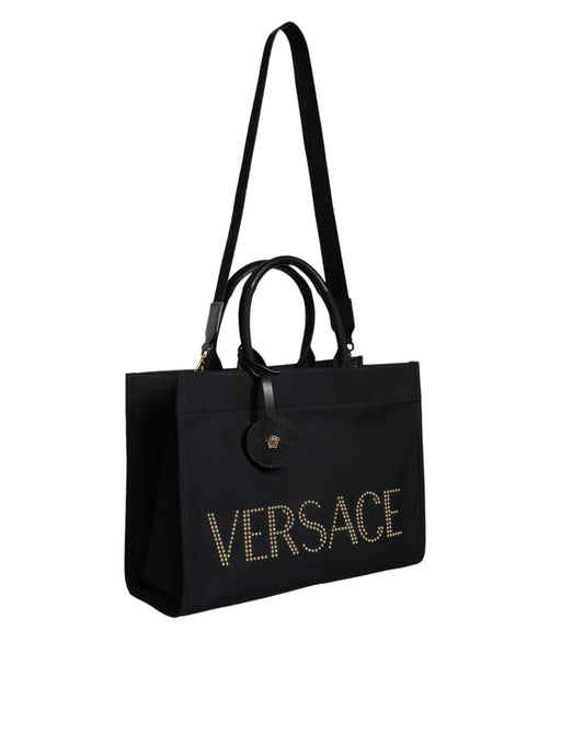 Versace Black Top Handle Canvas Leather Logo Crossbody Tote Bag Curated Luxury Accessories by Orvyn