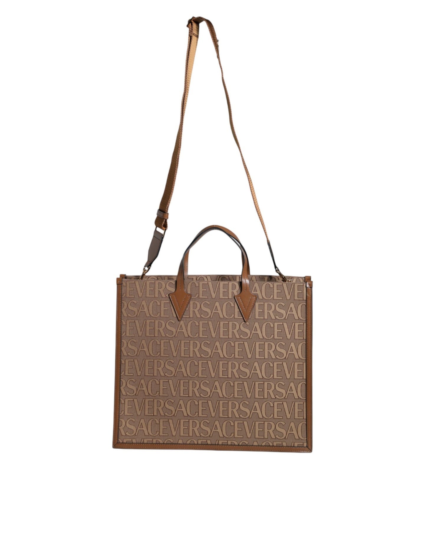 Versace Brown Top Handle Jacquard Leather Logo Crossbody Tote Bag Curated Luxury Accessories by Orvyn