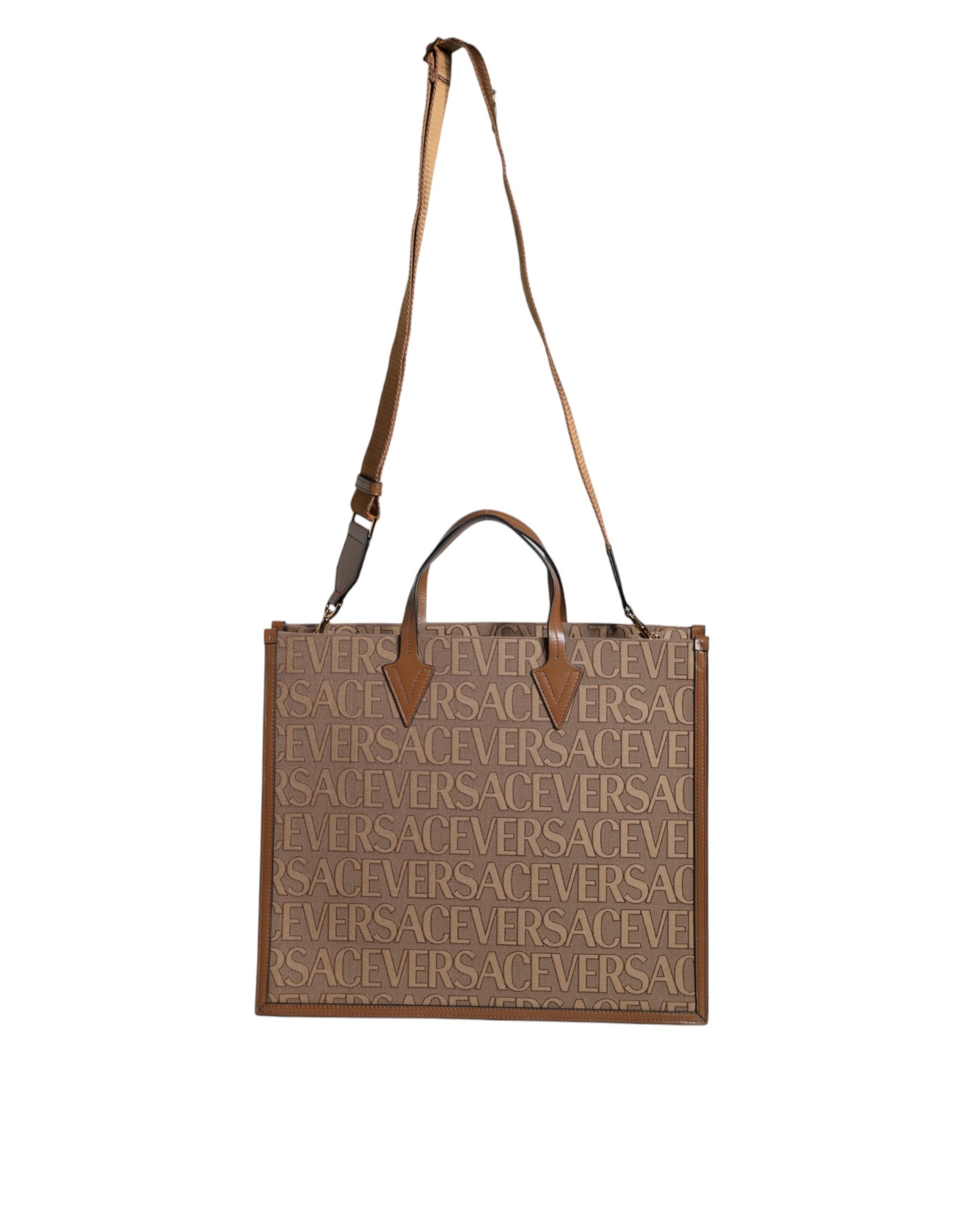 Versace Brown Top Handle Jacquard Leather Logo Crossbody Tote Bag Curated Luxury Accessories by Orvyn