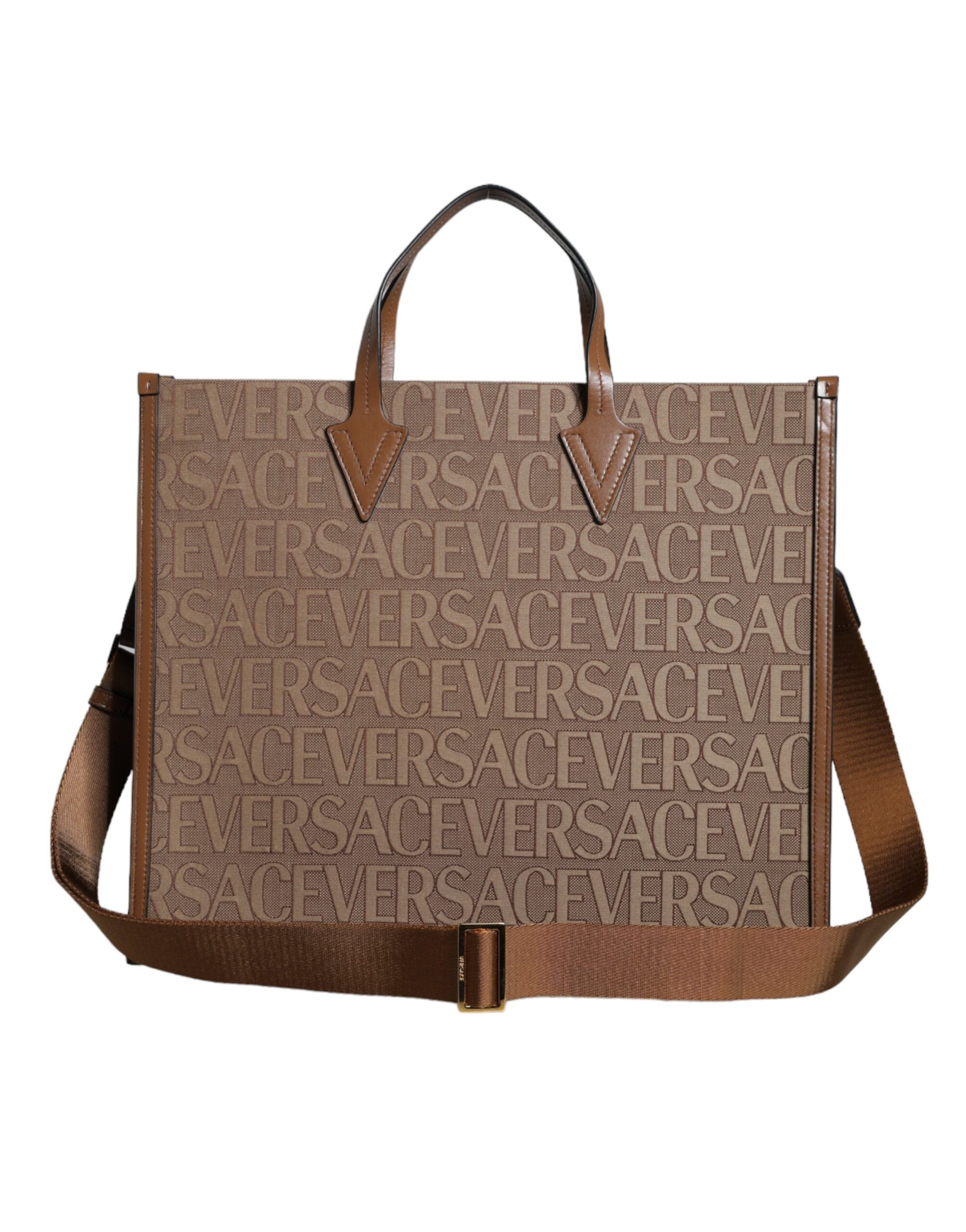 Versace Brown Top Handle Jacquard Leather Logo Crossbody Tote Bag Curated Luxury Accessories by Orvyn