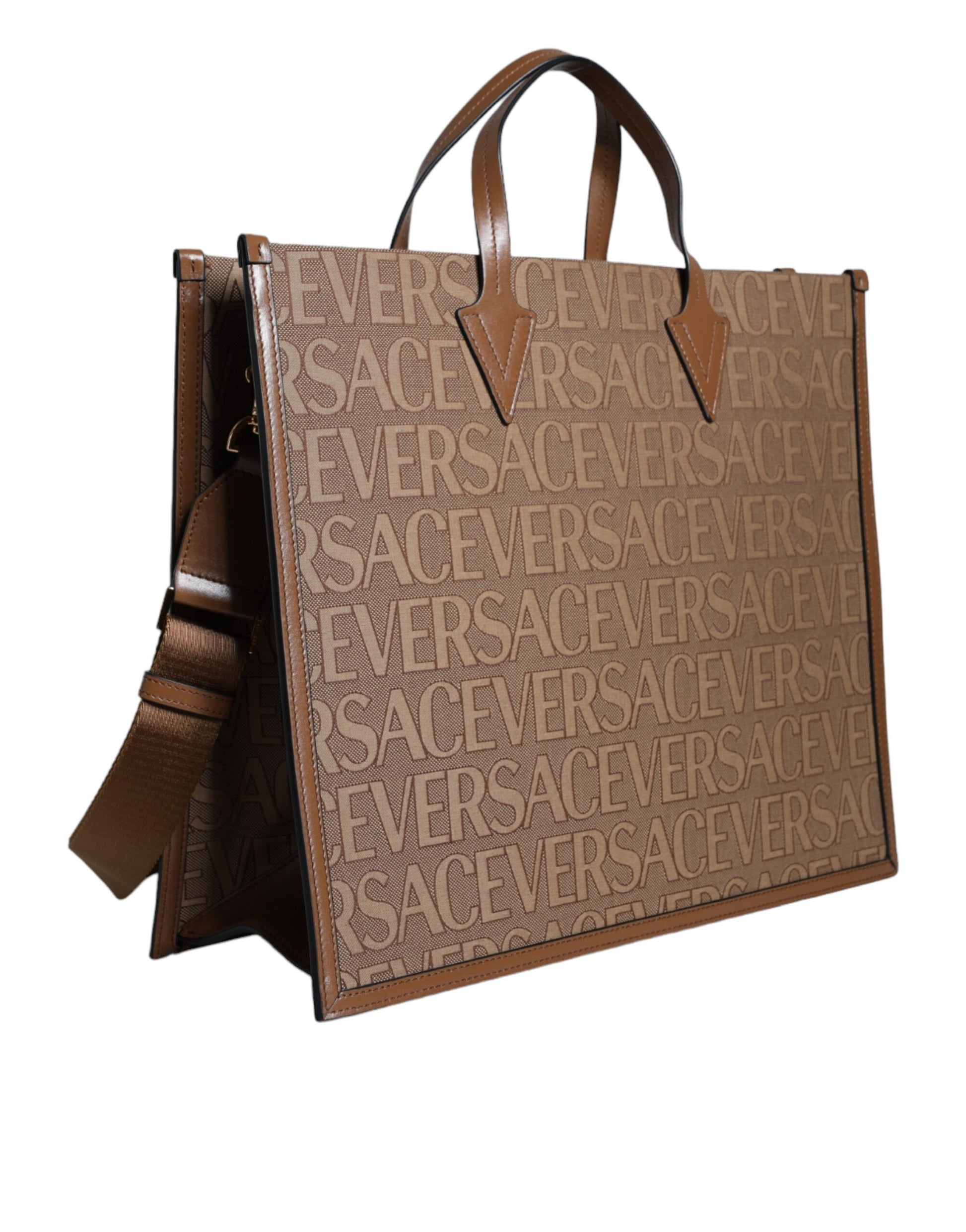 Versace Brown Top Handle Jacquard Leather Logo Crossbody Tote Bag Curated Luxury Accessories by Orvyn