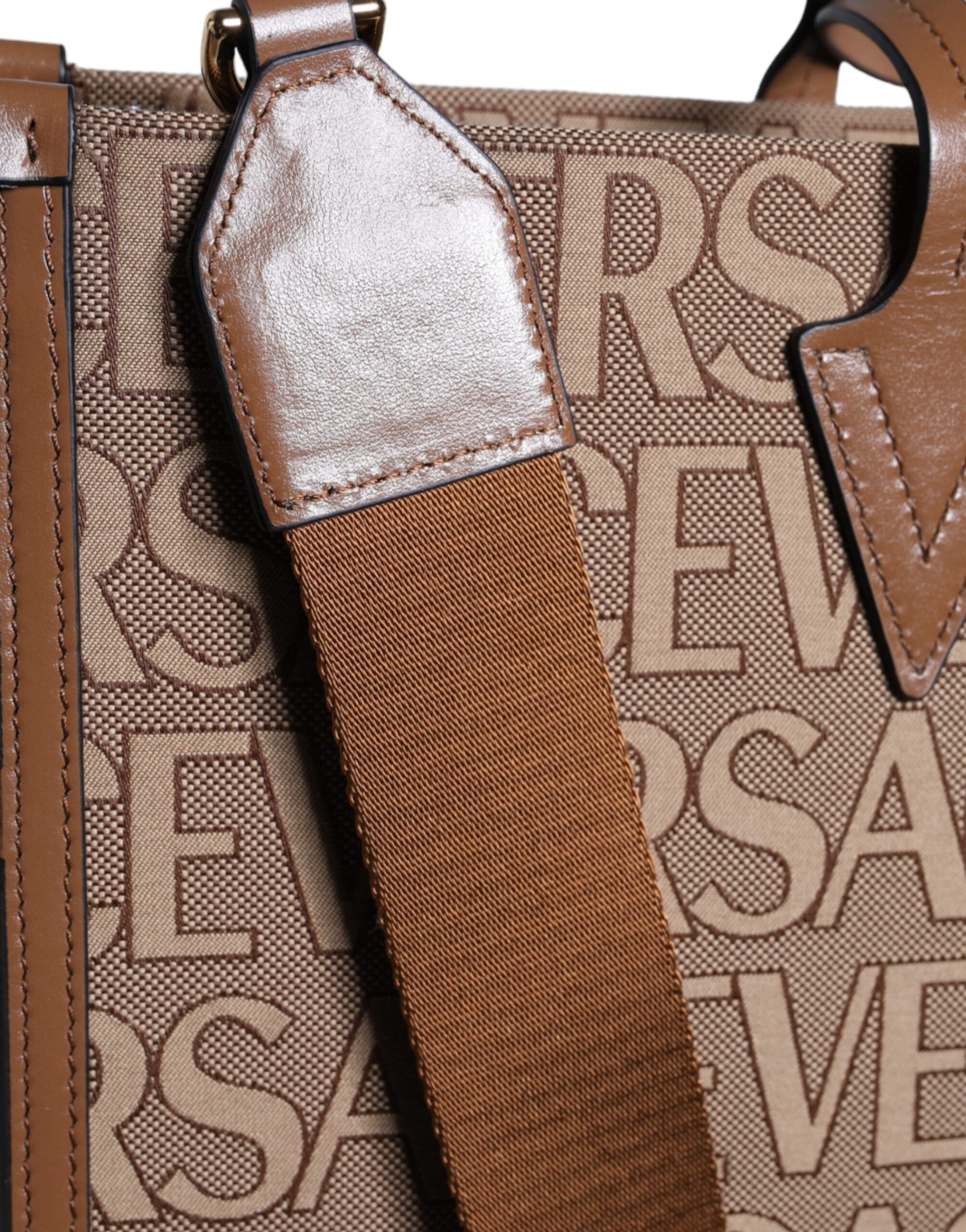 Versace Brown Top Handle Jacquard Leather Logo Crossbody Tote Bag Curated Luxury Accessories by Orvyn