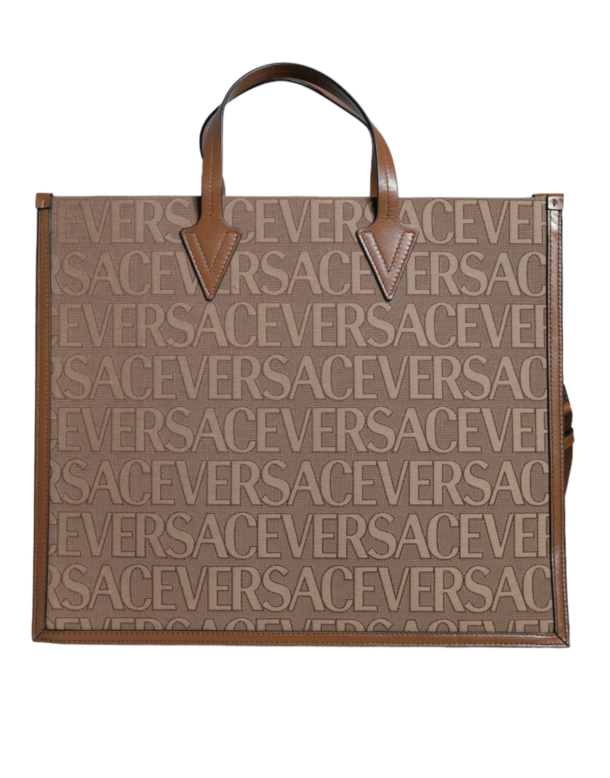 Versace Brown Top Handle Jacquard Leather Logo Crossbody Tote Bag Curated Luxury Accessories by Orvyn