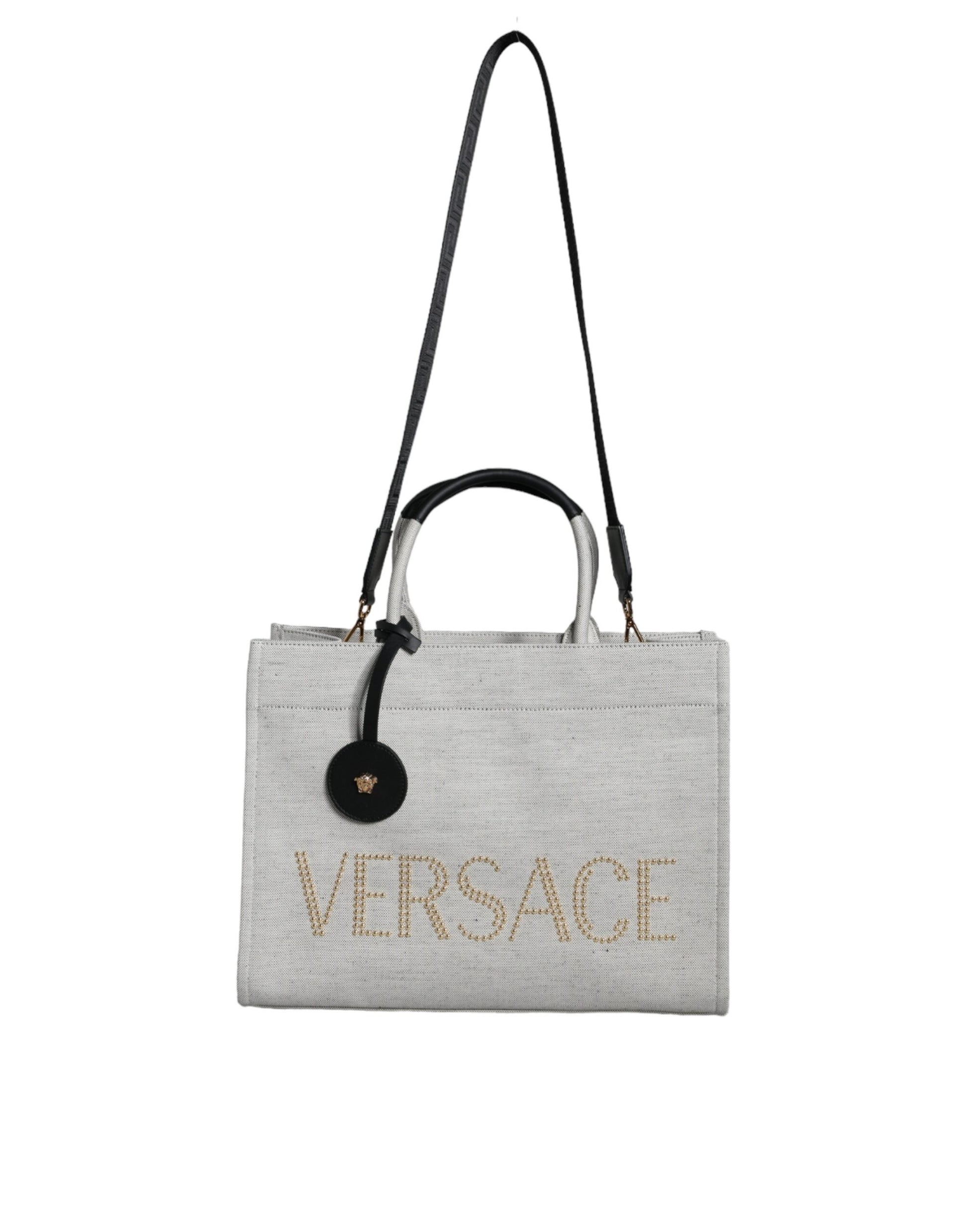 Versace White Top Handle Canvas Leather Logo Crossbody Tote Bag Curated Luxury Accessories by Orvyn