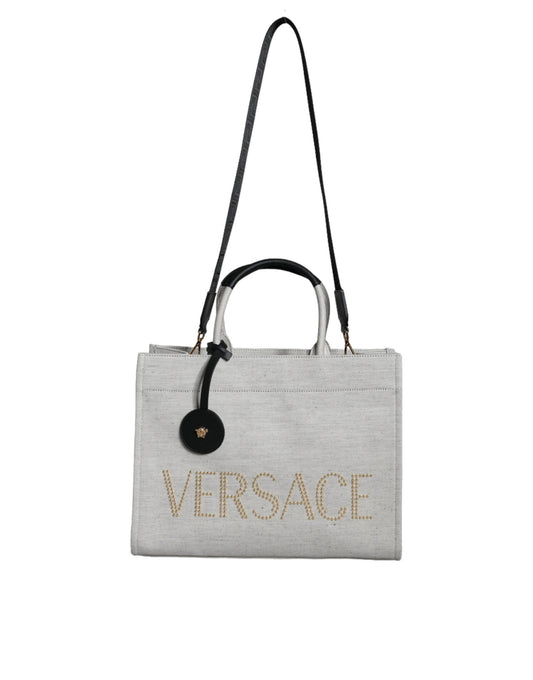 Versace White Top Handle Canvas Leather Logo Crossbody Tote Bag Curated Luxury Accessories by Orvyn