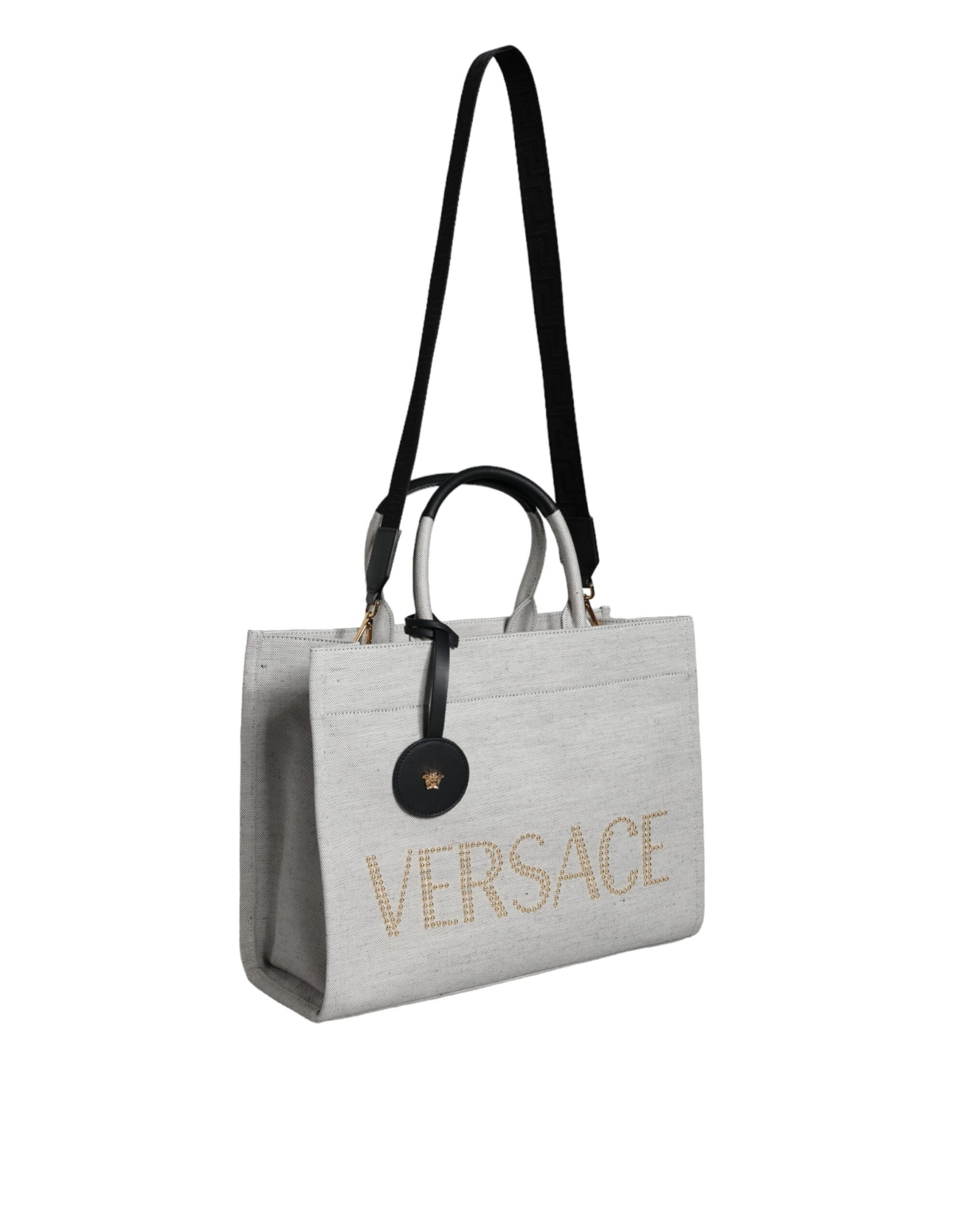 Versace White Top Handle Canvas Leather Logo Crossbody Tote Bag Curated Luxury Accessories by Orvyn