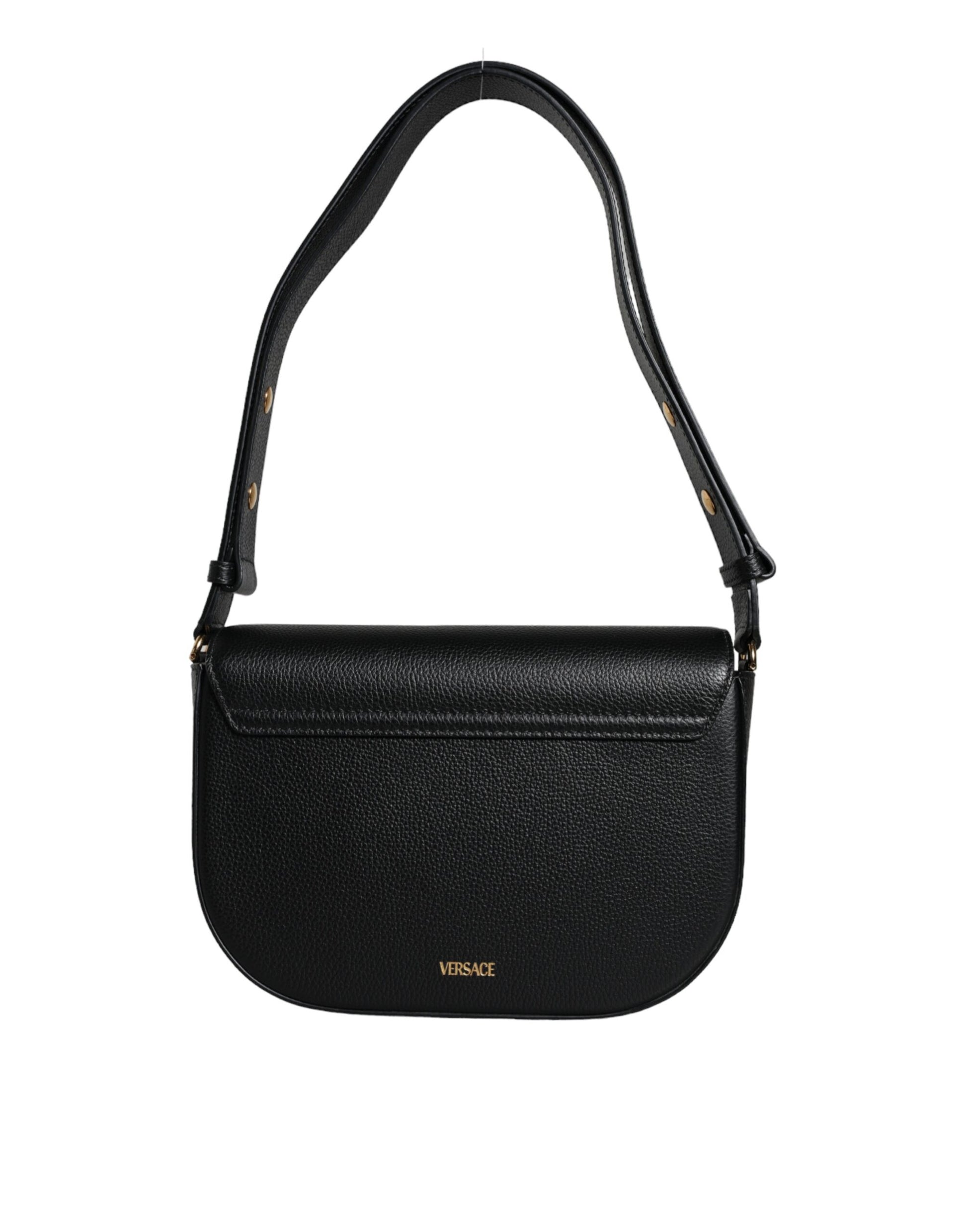 Versace Black Grainy Calf Leather Logo Crossbody Shoulder Bag Curated Luxury Accessories by Orvyn