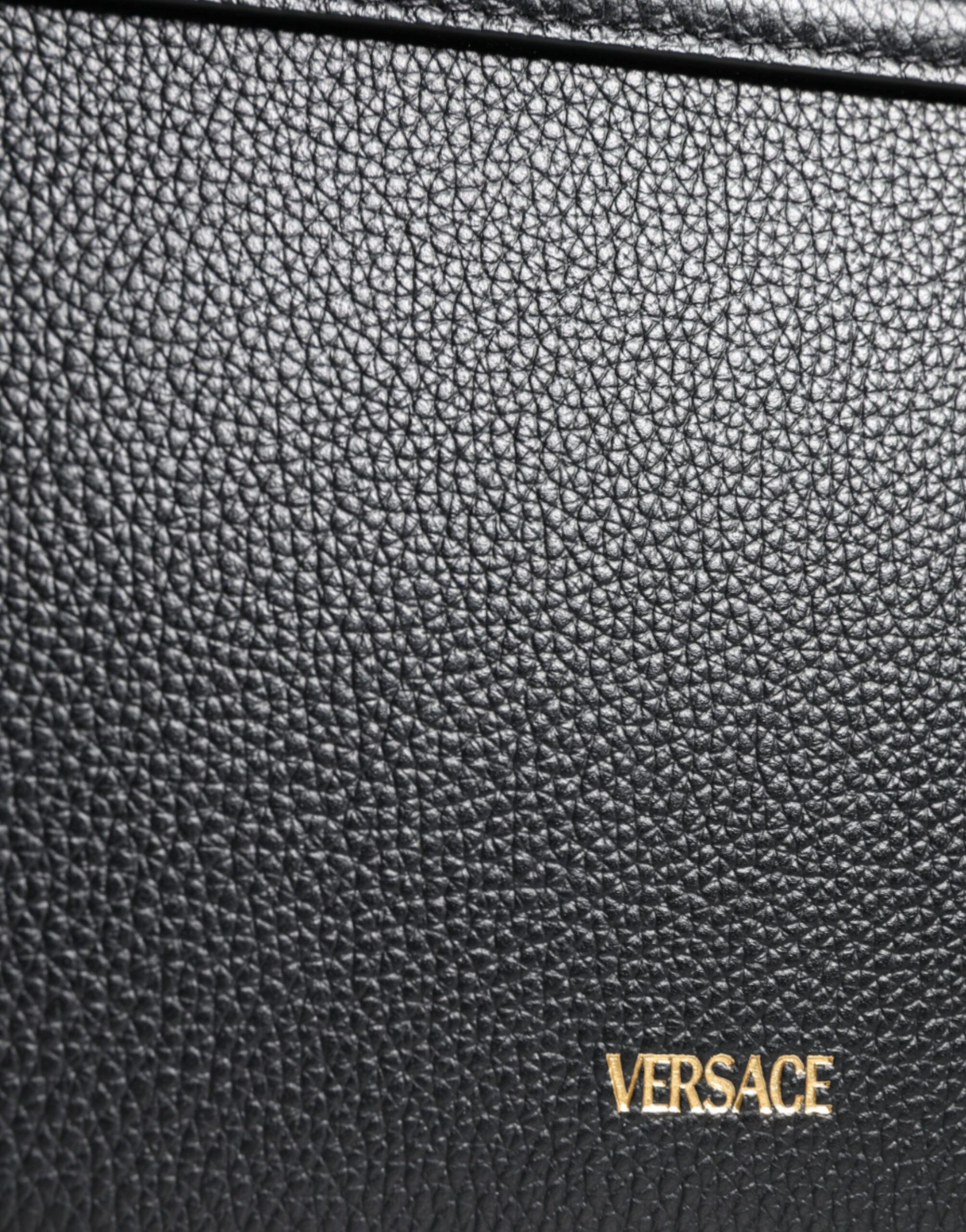 Versace Black Grainy Calf Leather Logo Crossbody Shoulder Bag Curated Luxury Accessories by Orvyn