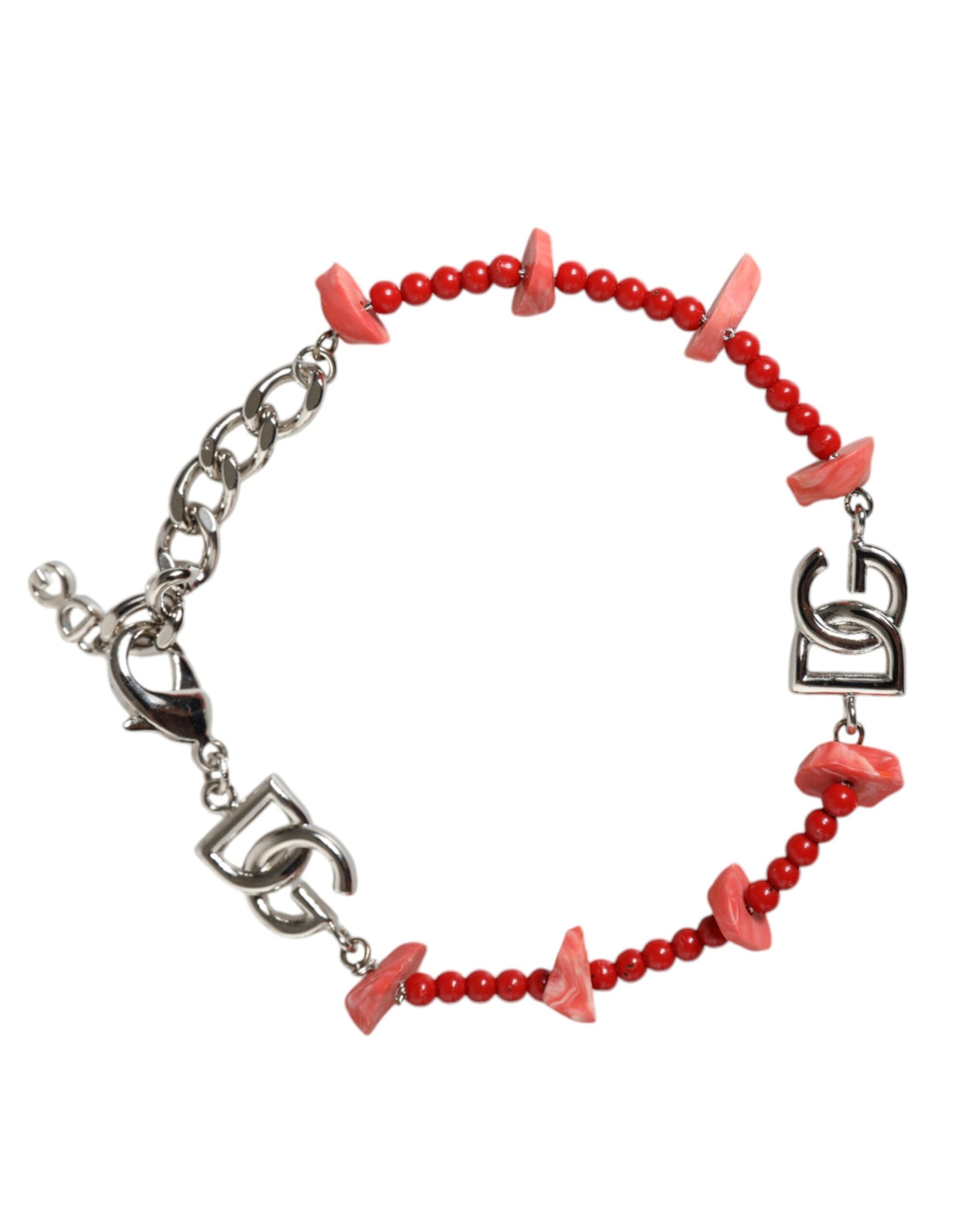 Dolce & Gabbana Silver Tone Brass Beaded Resin DG Logo Chain Bracelet Curated Luxury Accessories by Orvyn