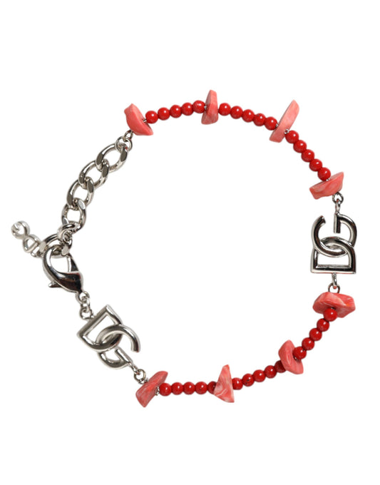 Dolce & Gabbana Silver Tone Brass Beaded Resin DG Logo Chain Bracelet Curated Luxury Accessories by Orvyn