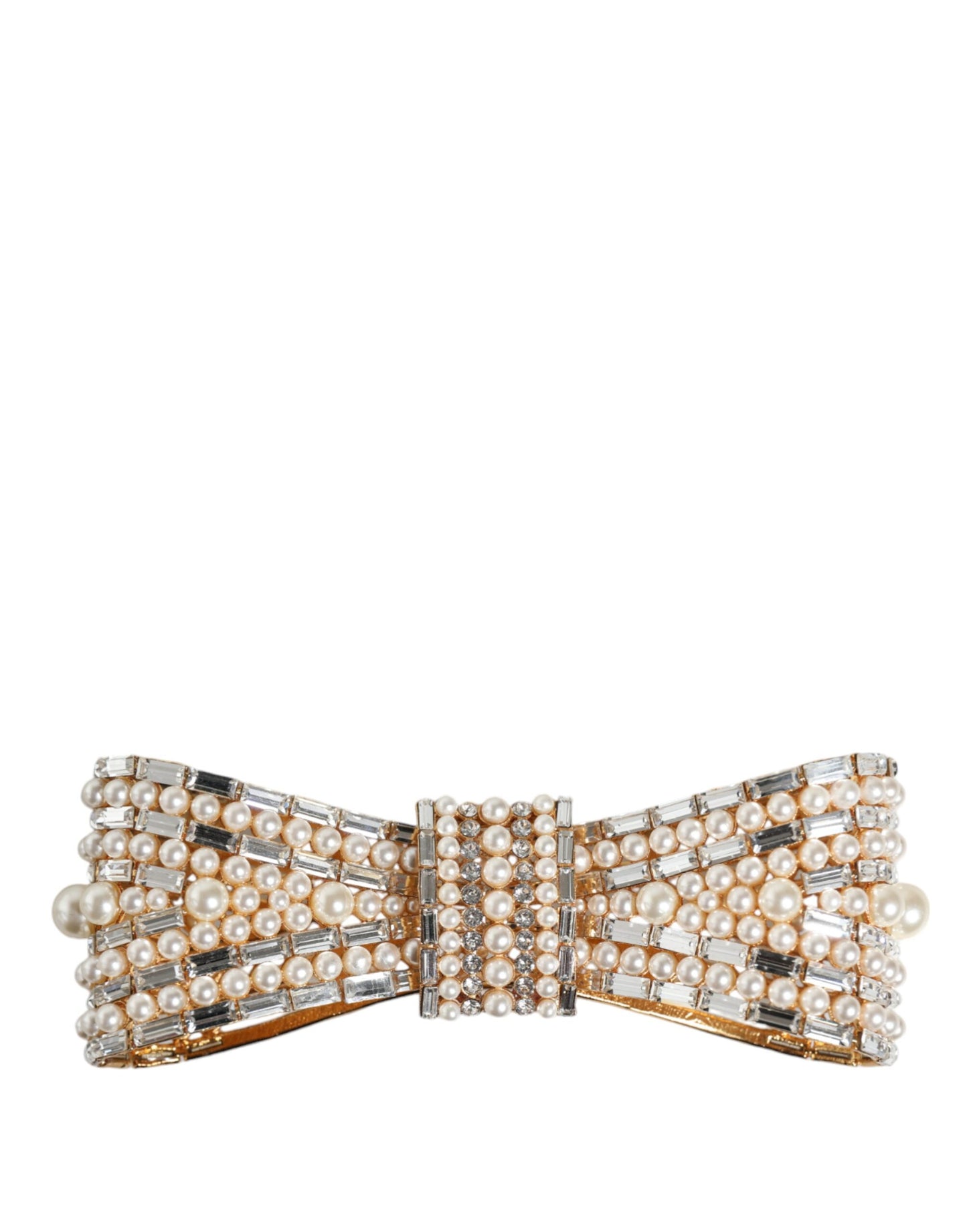 Dolce & Gabbana Gold Tone Brass Bow Crystal FauxPearl Embellished Brooch Curated Luxury Accessories by Orvyn