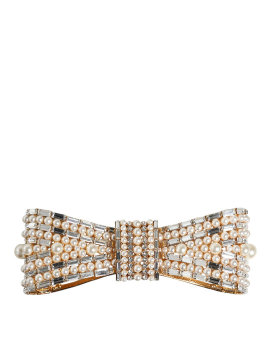 Dolce & Gabbana Gold Tone Brass Bow Crystal FauxPearl Embellished Brooch Curated Luxury Accessories by Orvyn