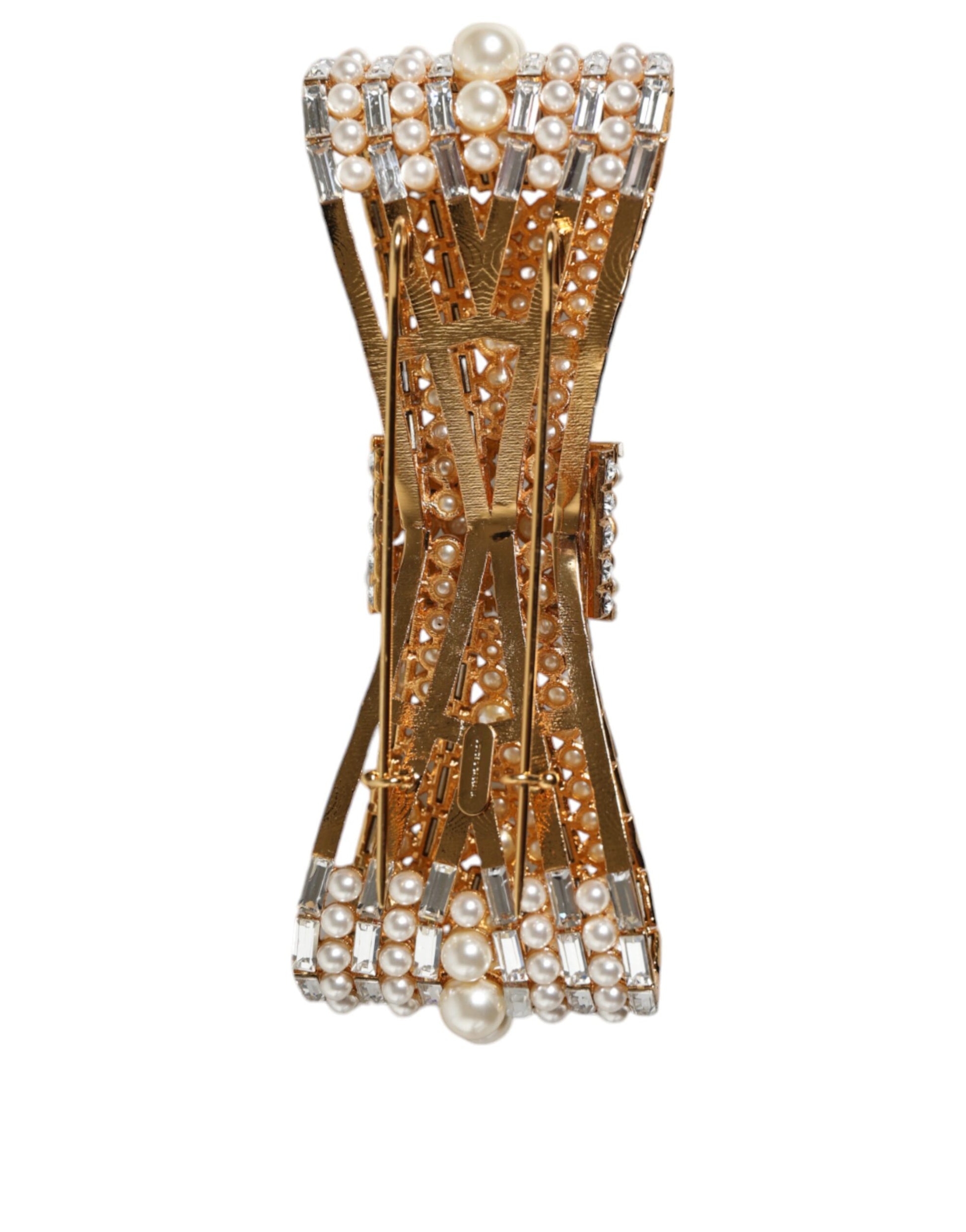Dolce & Gabbana Gold Tone Brass Bow Crystal FauxPearl Embellished Brooch Curated Luxury Accessories by Orvyn
