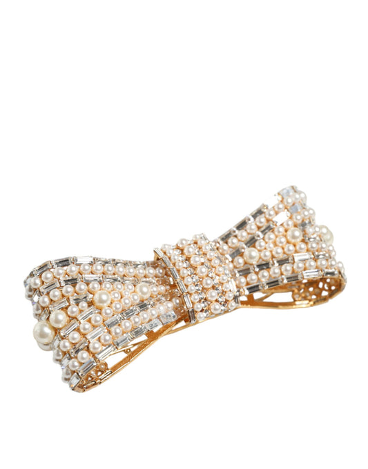 Dolce & Gabbana Gold Tone Brass Bow Crystal FauxPearl Embellished Brooch Curated Luxury Accessories by Orvyn