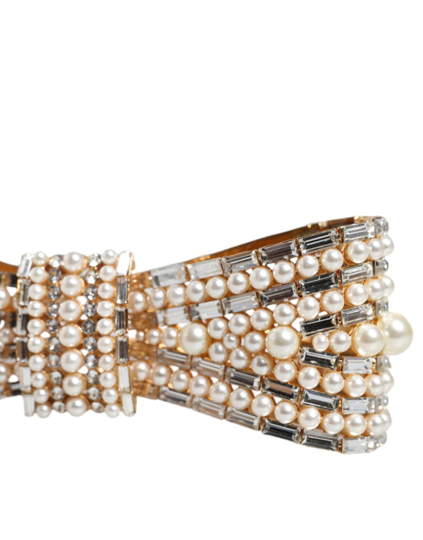Dolce & Gabbana Gold Tone Brass Bow Crystal FauxPearl Embellished Brooch Curated Luxury Accessories by Orvyn