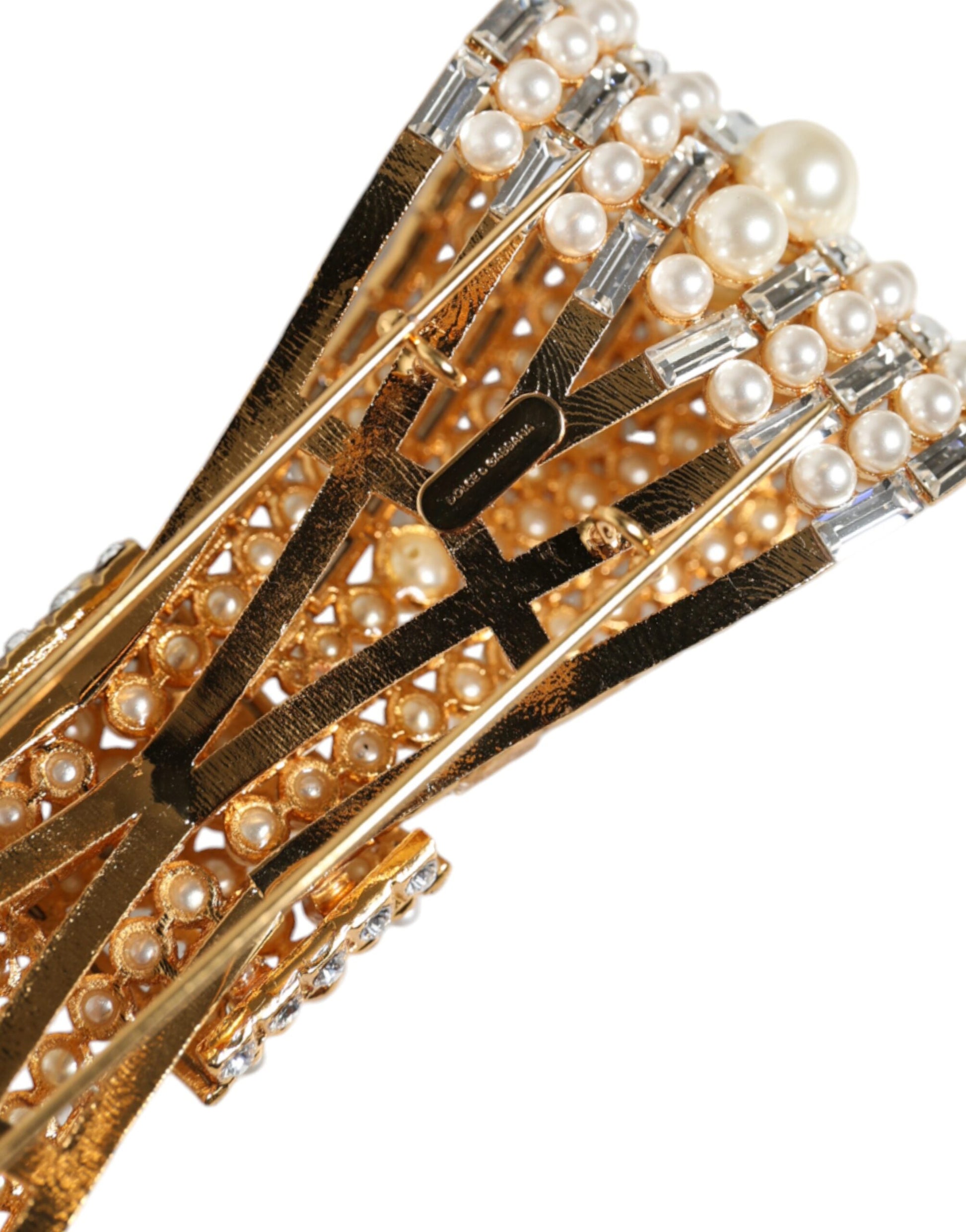 Dolce & Gabbana Gold Tone Brass Bow Crystal FauxPearl Embellished Brooch Curated Luxury Accessories by Orvyn