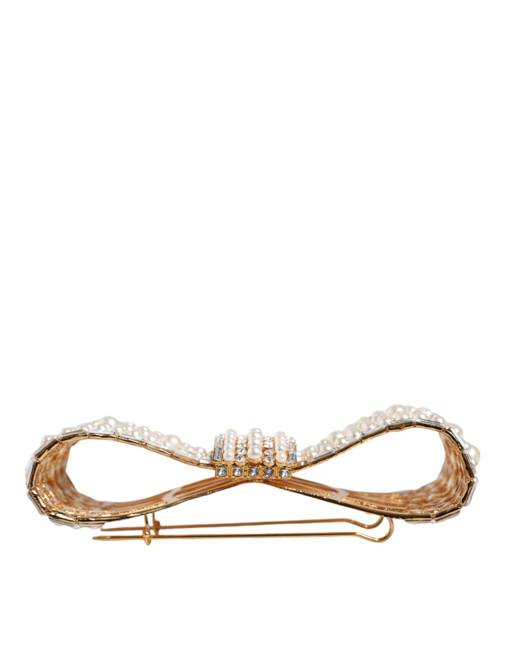 Dolce & Gabbana Gold Tone Brass Bow Crystal FauxPearl Embellished Brooch Curated Luxury Accessories by Orvyn