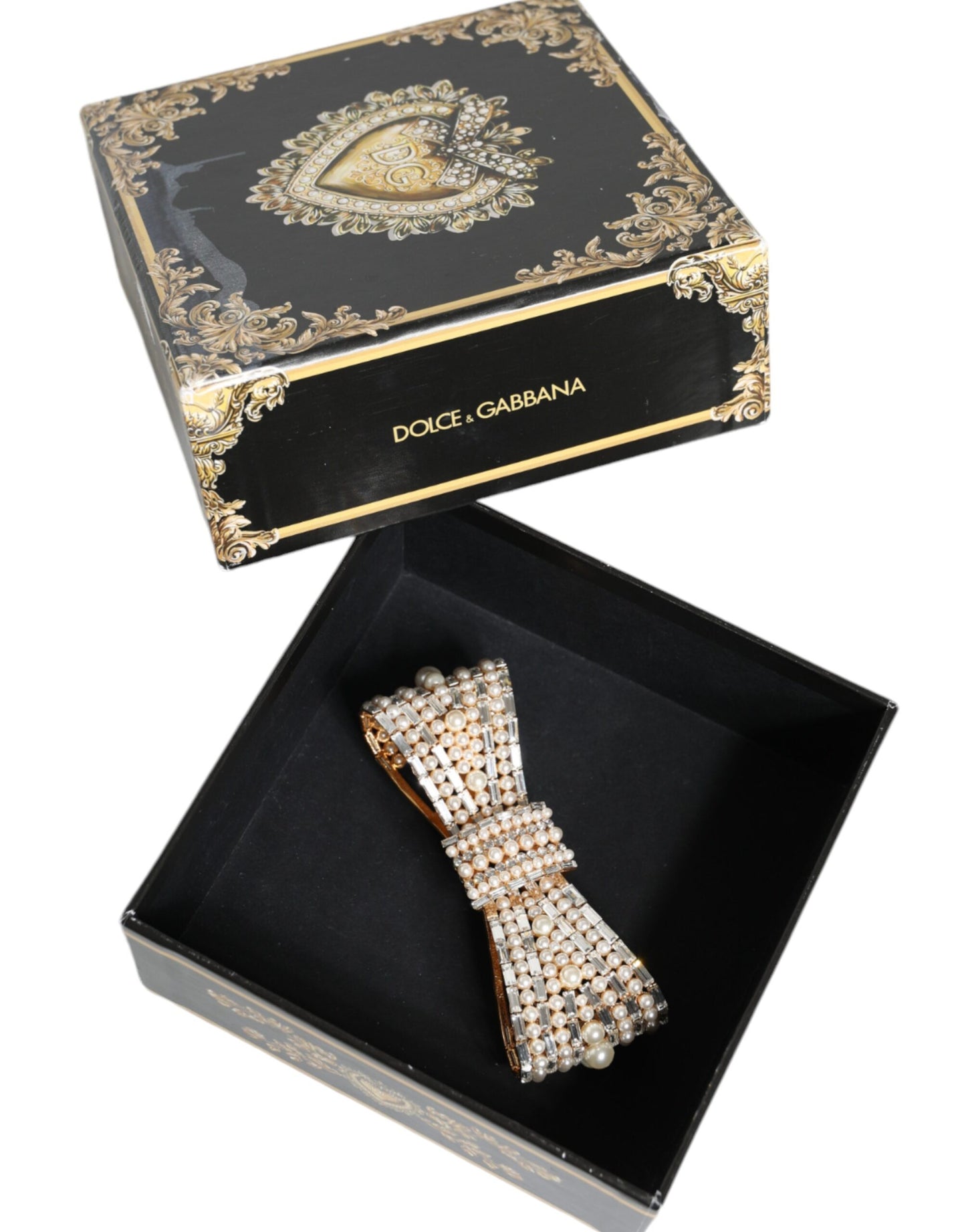 Dolce & Gabbana Gold Tone Brass Bow Crystal FauxPearl Embellished Brooch Curated Luxury Accessories by Orvyn